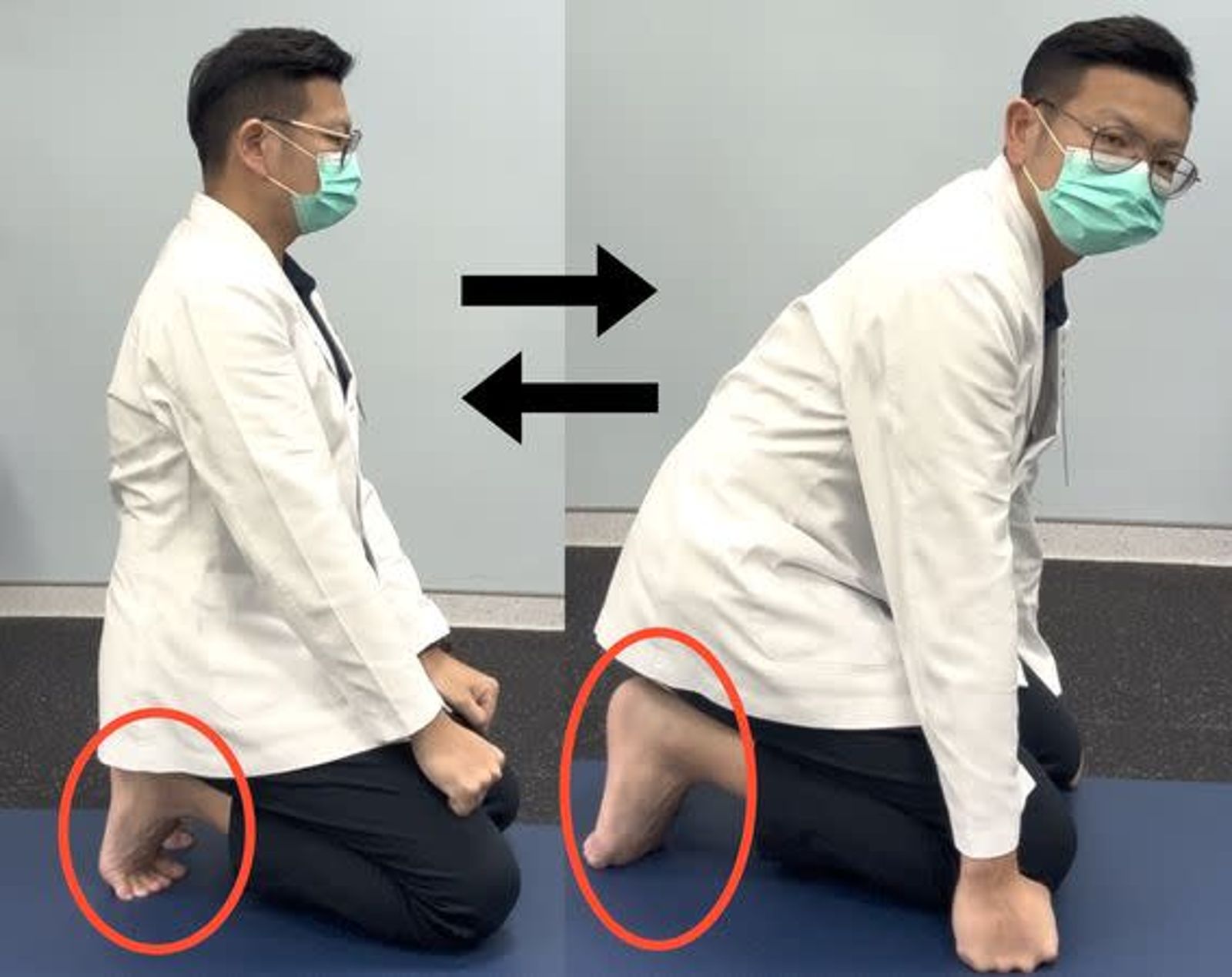 跪坐姿讓腳趾交替背屈與趾屈，溫和伸展足底筋膜。（光田醫院提供）