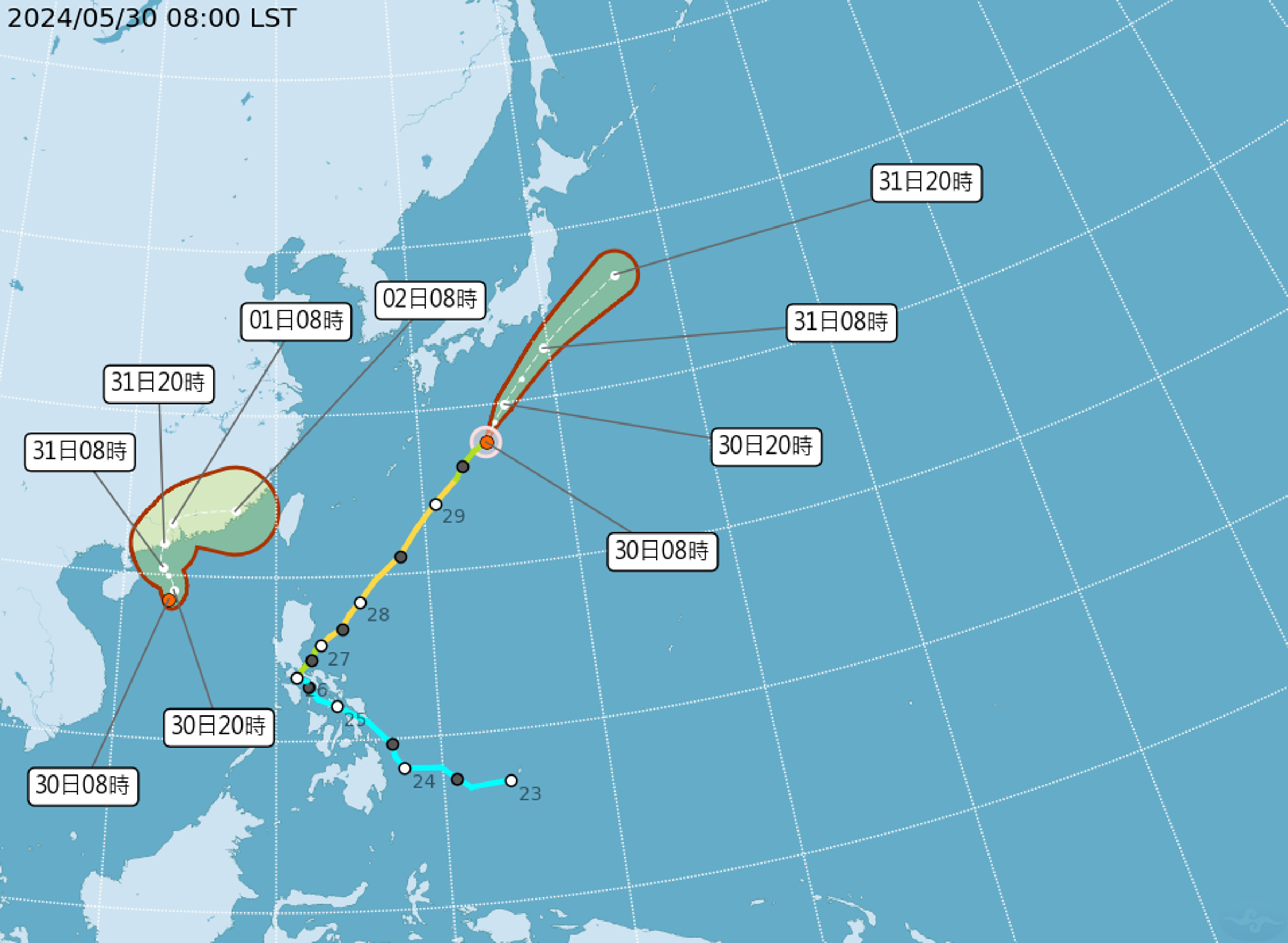 海南島東南東方300公里處，又有一熱帶性低氣壓生成。（中央氣象署提供）