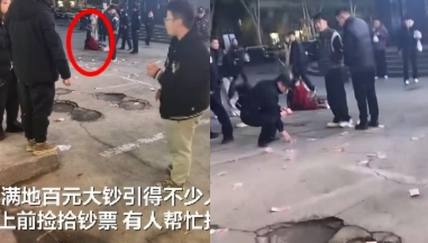 中國湖北武漢街頭近日發生情侶爭吵事件，女子情緒失控拋灑大量現鈔，警方獲報到場協助撿拾並進行調解。（翻攝自微博）