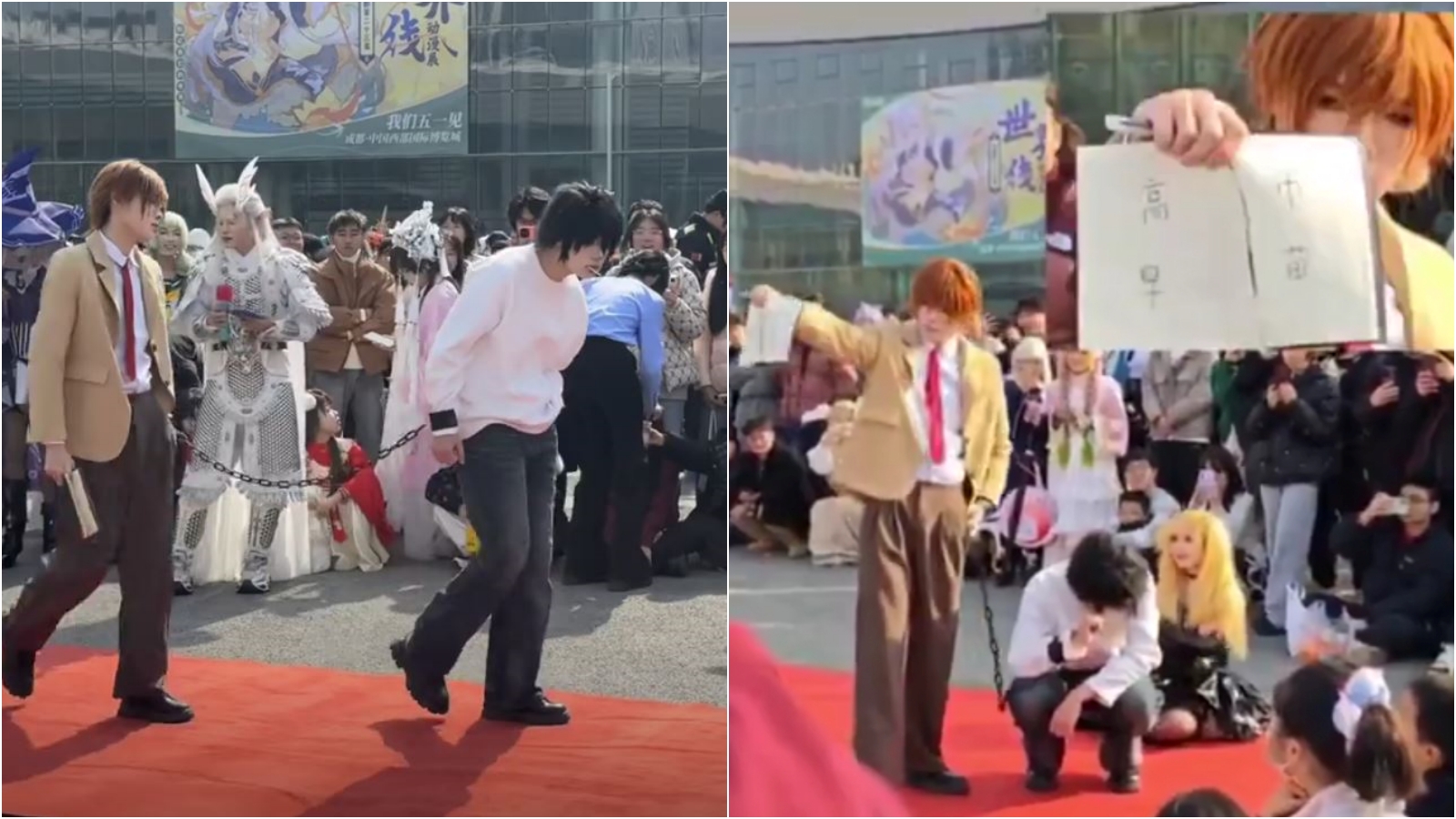 中國男Coser扮成《死亡筆記本》主夜神月，在筆記本寫下「高市早苗」名字。（翻攝抖音、X@whyyoutouzhele）
