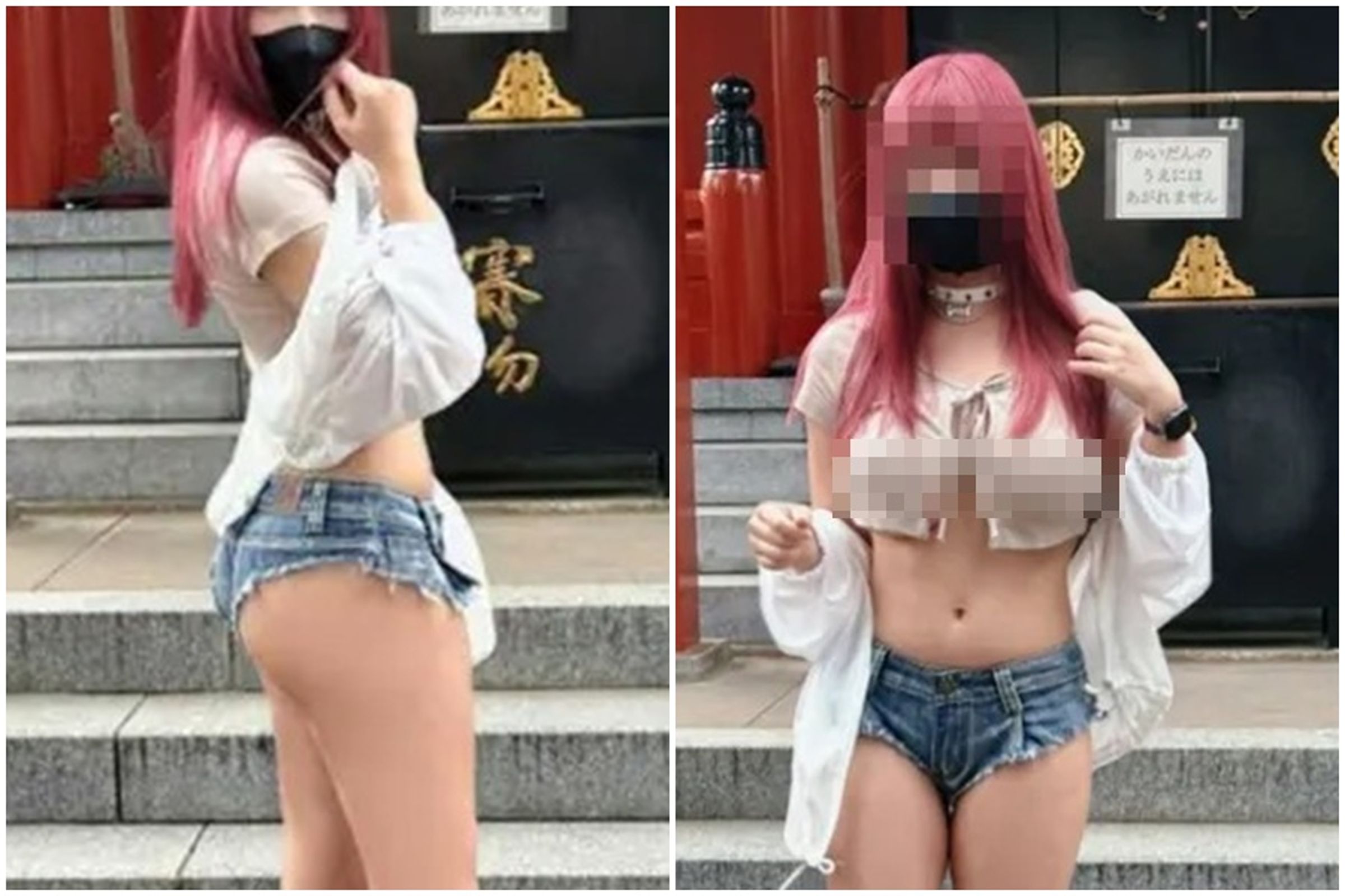 台灣一名女子赴日本淺草神社旅遊，大尺度穿搭，引發撻伐。（翻攝自Dcard）