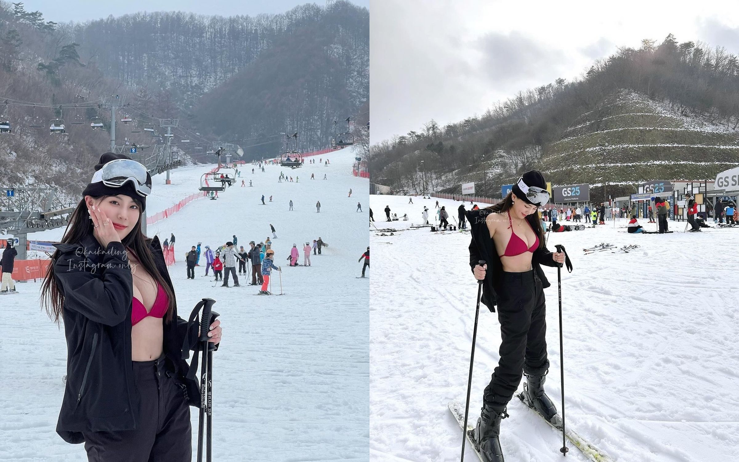 網紅「凱莉老師」滑雪時外套內只穿火辣比基尼，雪乳成為目光焦點。（翻攝IG@kaikailing）