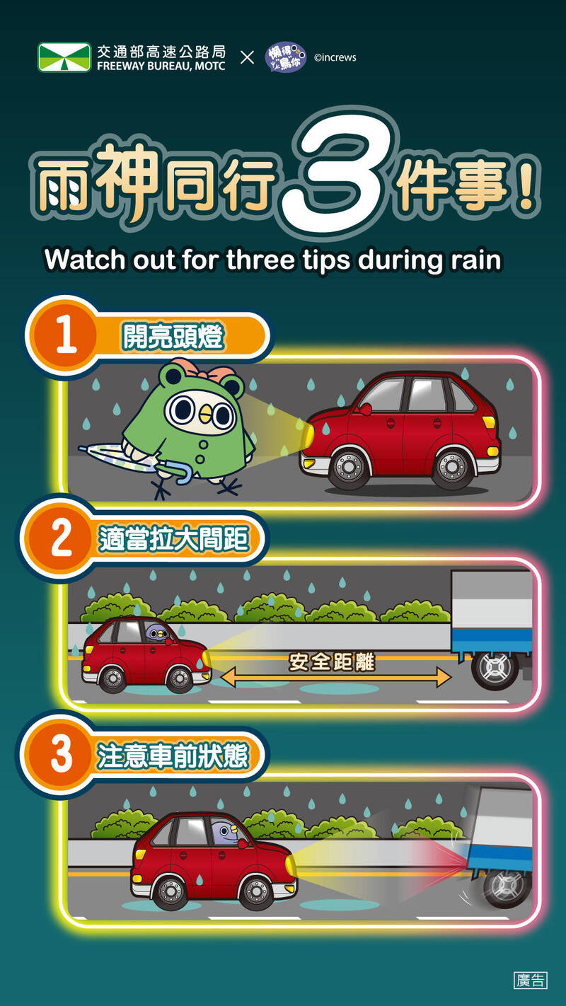 交通部高公局說明雨中行車交安宣。(高公局提供)