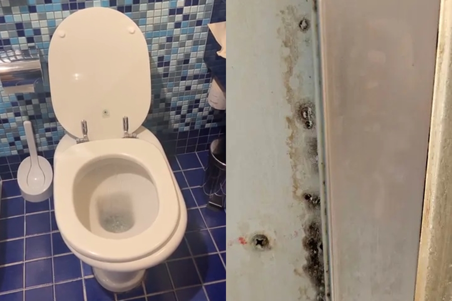 網友指出,他們住的飯店不僅馬桶水流不止,還有的浴室有發霉情況。(翻攝自Dcard)