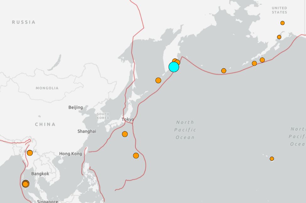 俄羅斯堪察加半島東海岸發生規模8.7強震，日本發布海嘯警報。（翻攝USGS）