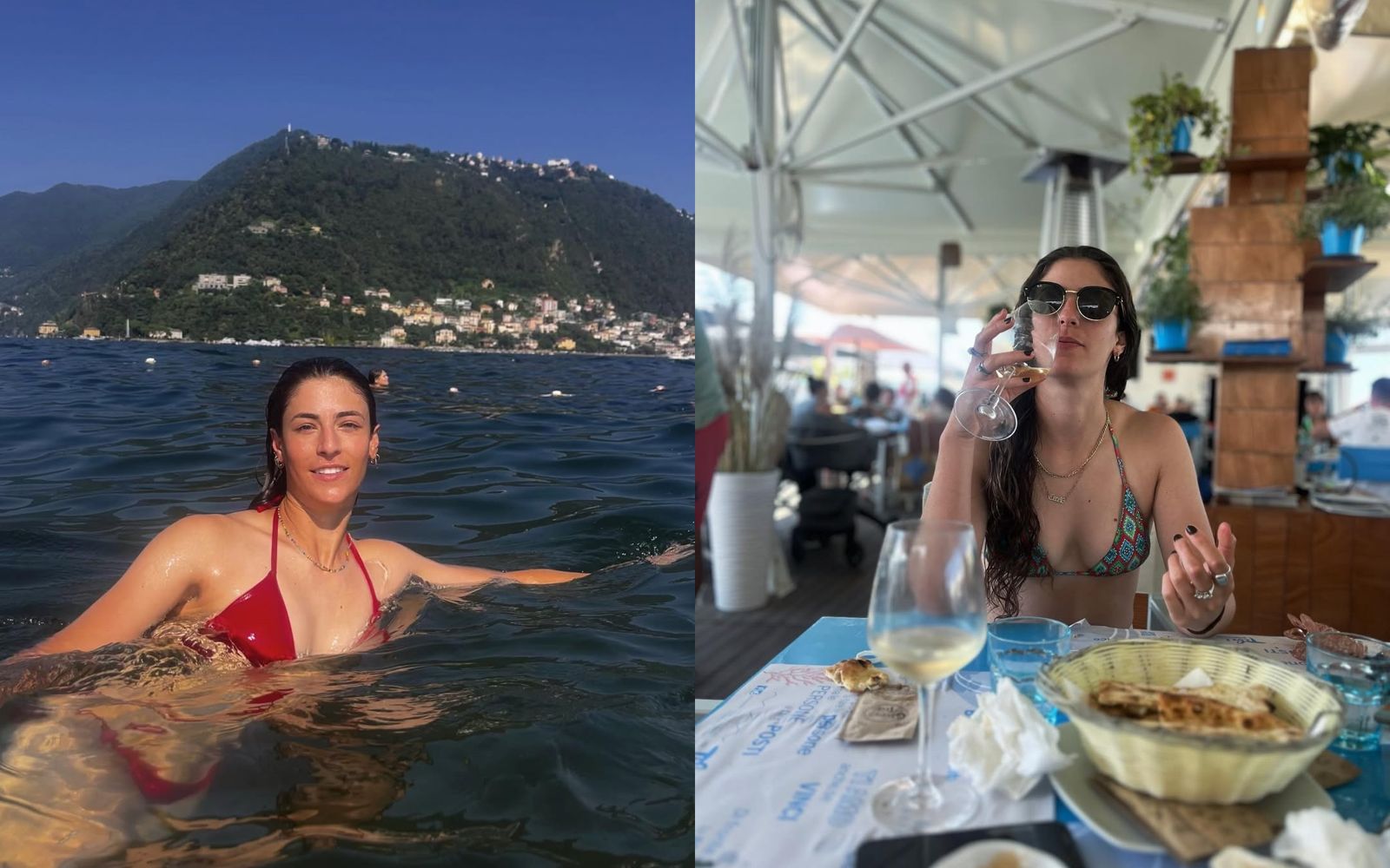 莎菈穿比基尼在海邊度假，輕鬆大啖美食、戲水。（翻攝IG@sarahhhedwards）