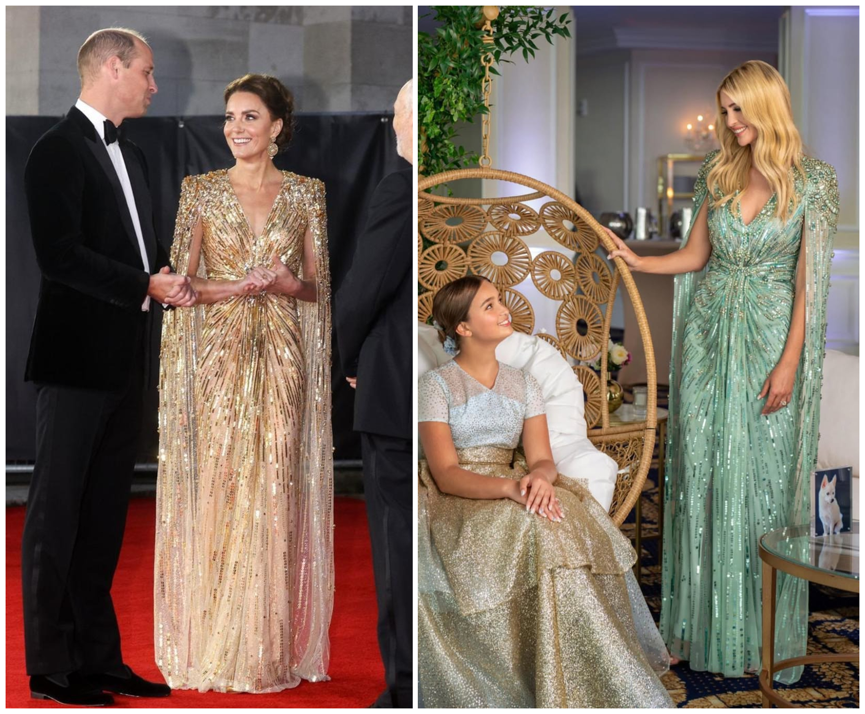 伊凡卡（右圖）2023年穿的Jenny Packham湖綠色斗篷禮服，凱特王妃（左圖）2021年穿過金色款式。（翻攝The Royal Family臉書、Ivanka Trump IG）