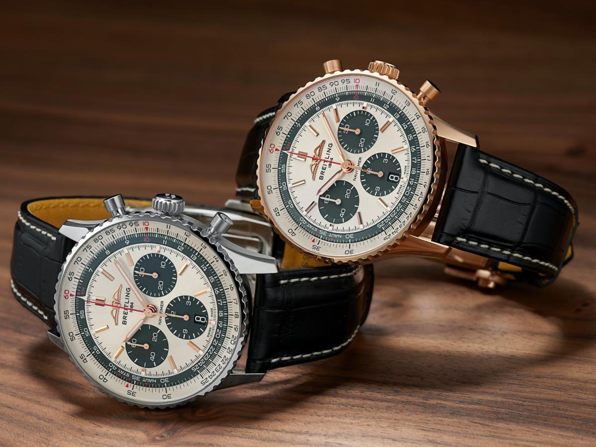 BREITLING Navitimer B01 Chronograph 43 STARLUX Edition 此錶以2022年全新改款的新一代Navitimer系列腕錶作為基礎,錶徑43毫米,配備環形飛行滑尺、刻度時標、計時小錶盤等;面盤與指針、時標更採用星宇航空的企業識別色「曜石灰」「大地金」與「玫瑰金」為設計,配色經典低調,僅在錶冠處刻有星宇航空的logo做為識別。有18K玫瑰金與精鋼二種材質選擇。功能:時、分、小秒針指示;計時碼錶;日期顯示 / 機芯:自動上鏈機芯 / 定價:約NT$633,000(玫瑰金款,限量25只);約NT$288,000(精鋼款,限量140只)。