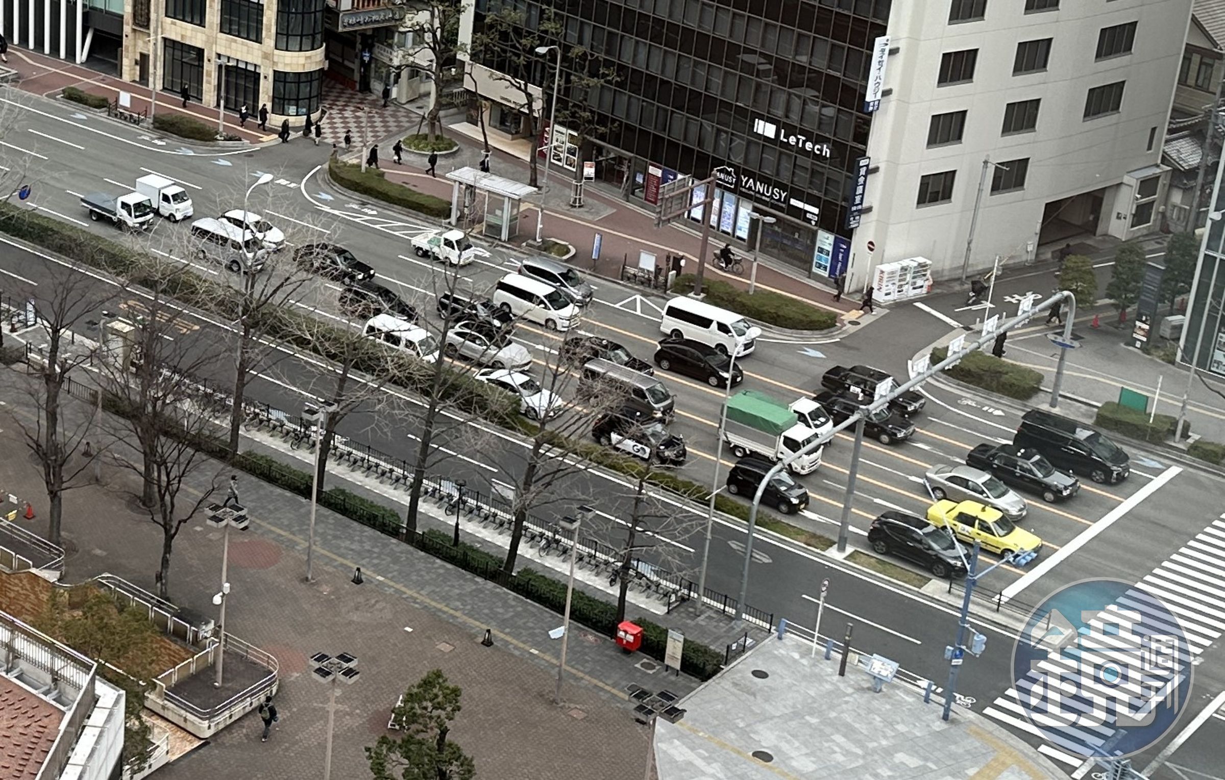 梅田御堂筋車來人往，分隔島上竟長出一顆西瓜。