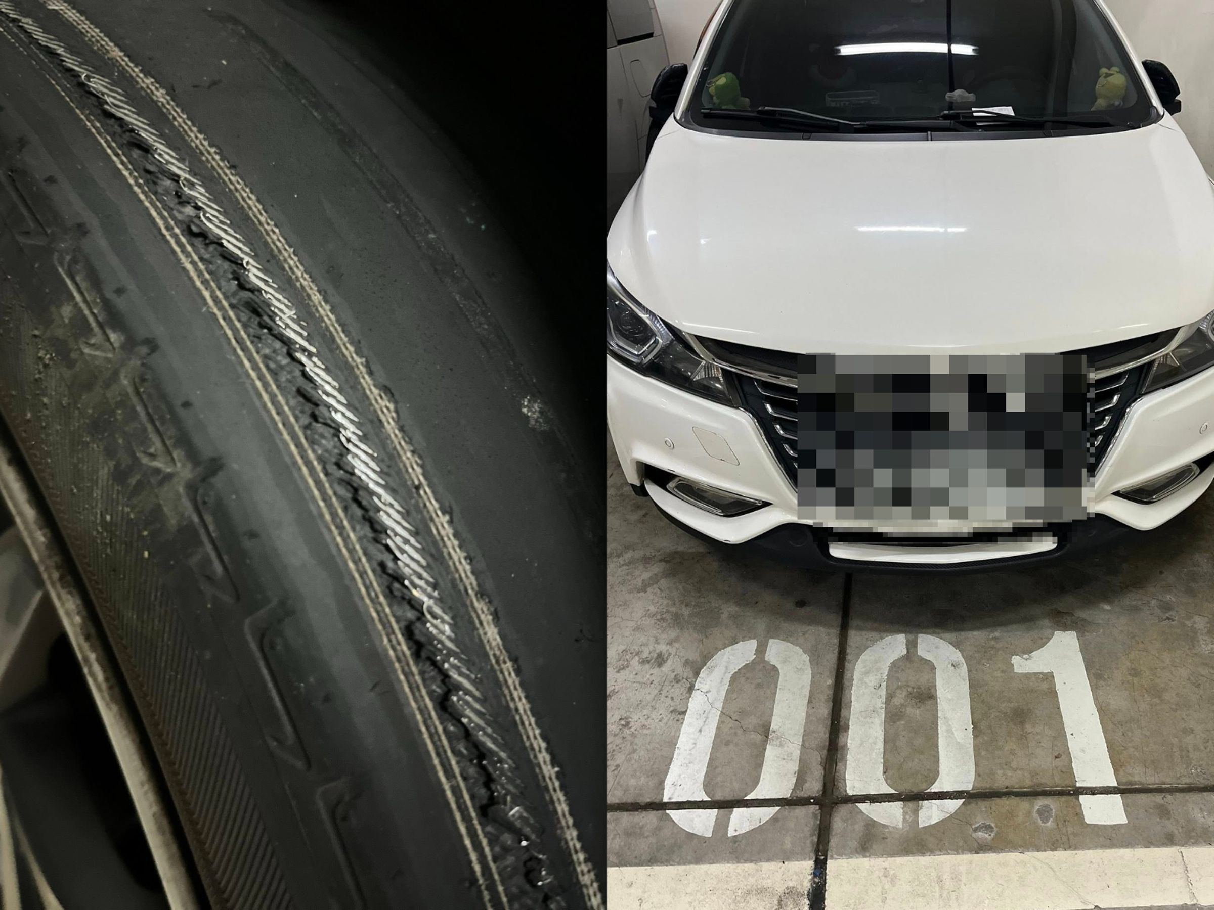 有網友在中和一處立體停車場,發現一部轎車的胎紋幾乎磨光,已露出鋼絲層,留紙條提醒車主要換胎,貼文引發網友討論。(翻攝自「爆料公社」臉書社團)