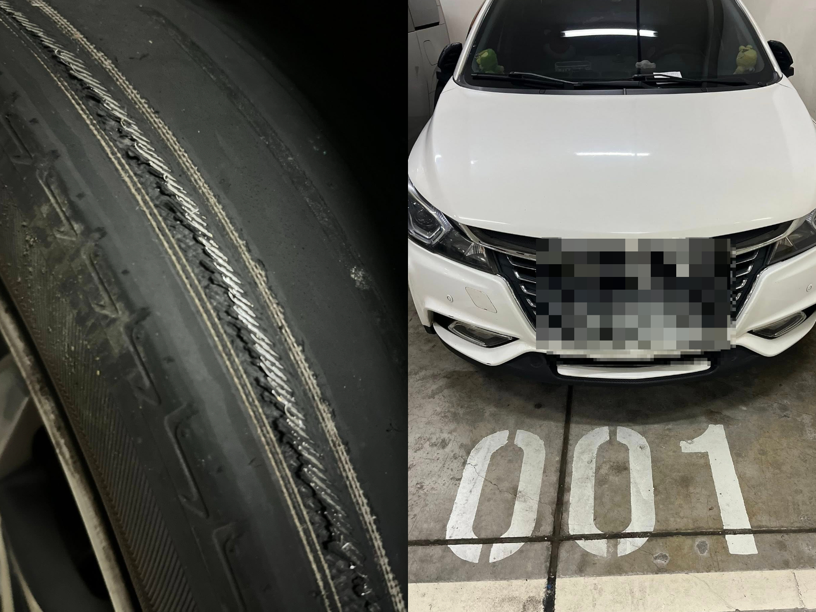有網友在中和一處立體停車場，發現一部轎車的胎紋幾乎磨光，已露出鋼絲層，留紙條提醒車主要換胎，貼文引發網友討論。（翻攝自「爆料公社」臉書社團）