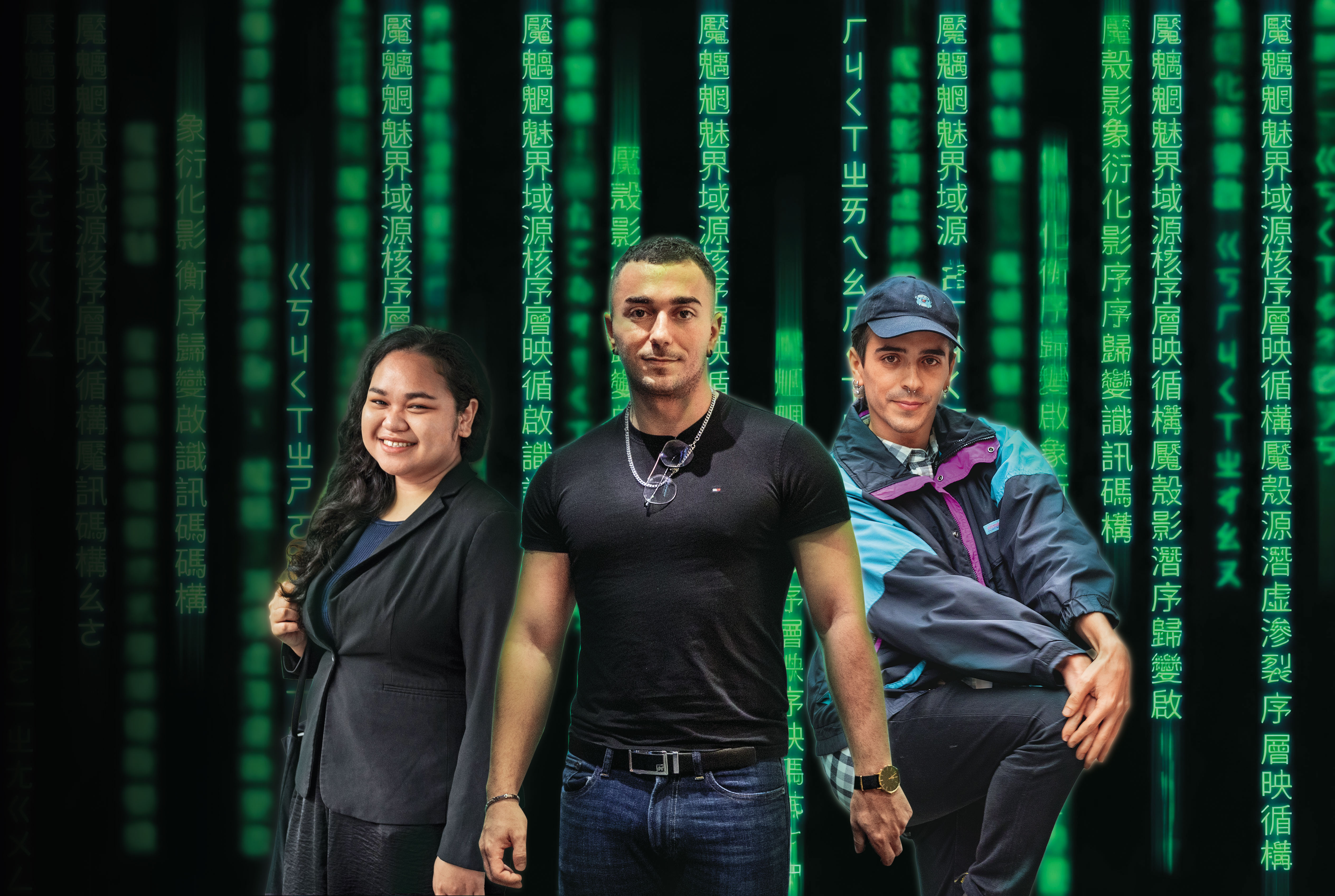 《中文怪物》系列節目,全系列累計觀看次數已突破1,900萬次,掀起熱潮。左起為參加者林蒂喜、林曉明、梵雅戈。(AI繪圖FREEPIK生成,本刊美術組後製)