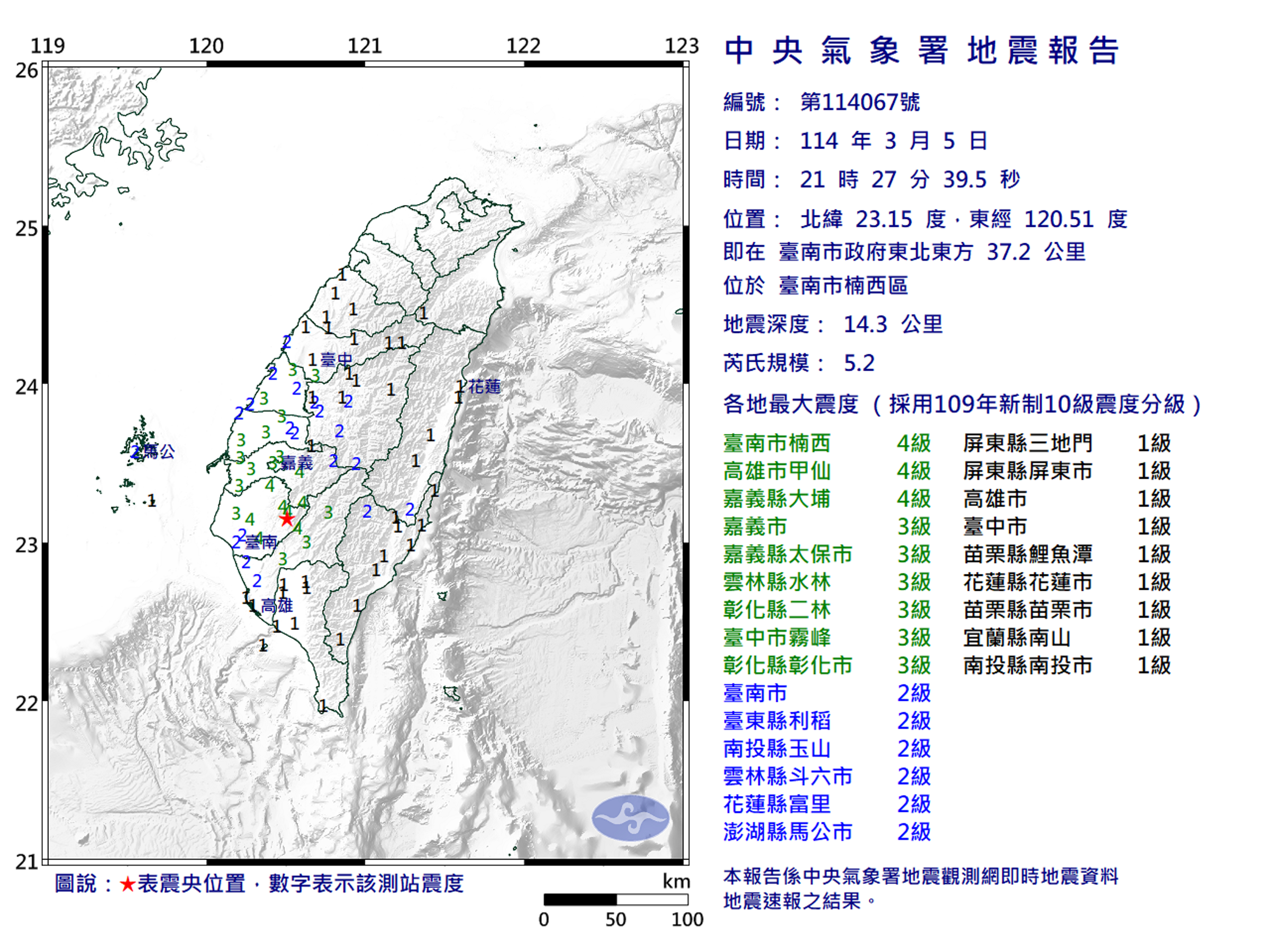 震央位在台南市楠西區。（中央氣象署提供）