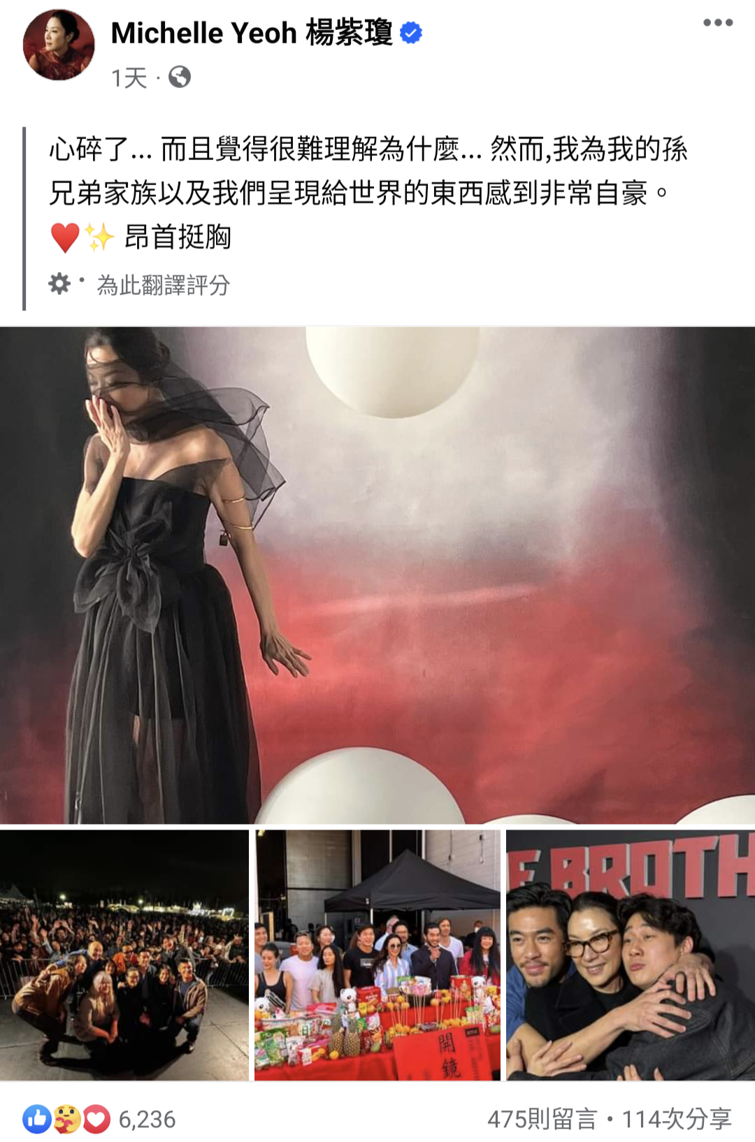  楊紫瓊發文「心碎」劇集被砍，但其實許多大咖演出或製作的作品也逃不過砍劇命運，楊紫瓊可以看開點。（楊紫瓊臉書）