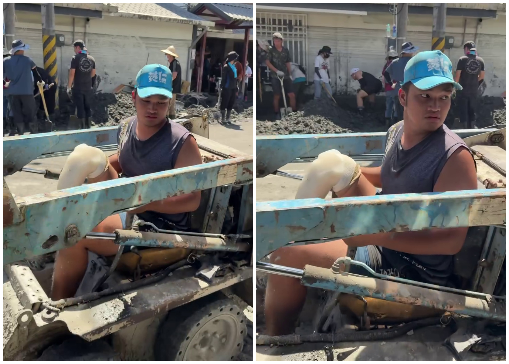 裝義肢的男子熟練地開山貓救災，眼神堅定鏟土。（翻攝Threads／@benson0410授權提供）