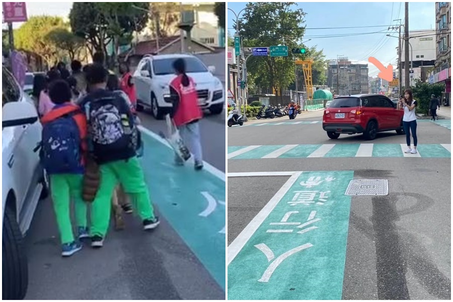 桃園市延平路上出現奇怪的學生通學步道，被民進黨桃園市議員黃瓊慧大罵，「根本是拿孩子的生命開玩笑」。（翻攝自黃瓊慧臉書）