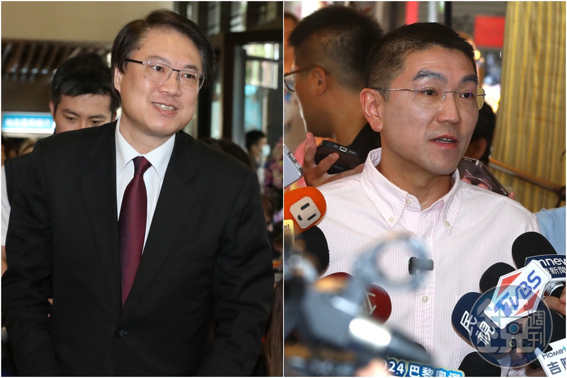 對於國民黨大讚謝國樑(右)做得很好,林右昌(左)反問不知道說一個市政滿意度最後一名的市長是做得很好的市長,「這邏輯不曉得從何而來」。