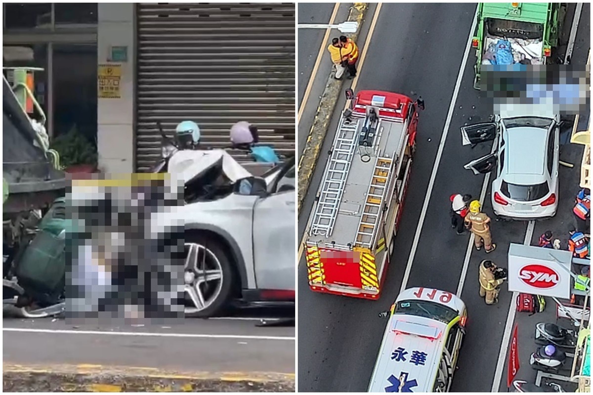 白色賓士高速撞上路邊垃圾車,賓士車頭全毀,女清潔隊員當場被夾死。(翻攝自記者爆料網、台南大小事臉書社團)