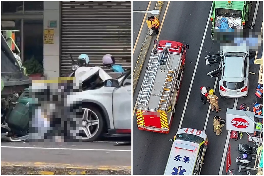 白色賓士高速撞上路邊垃圾車，賓士車頭全毀，女清潔隊員當場被夾死。（翻攝自記者爆料網、台南大小事臉書社團）