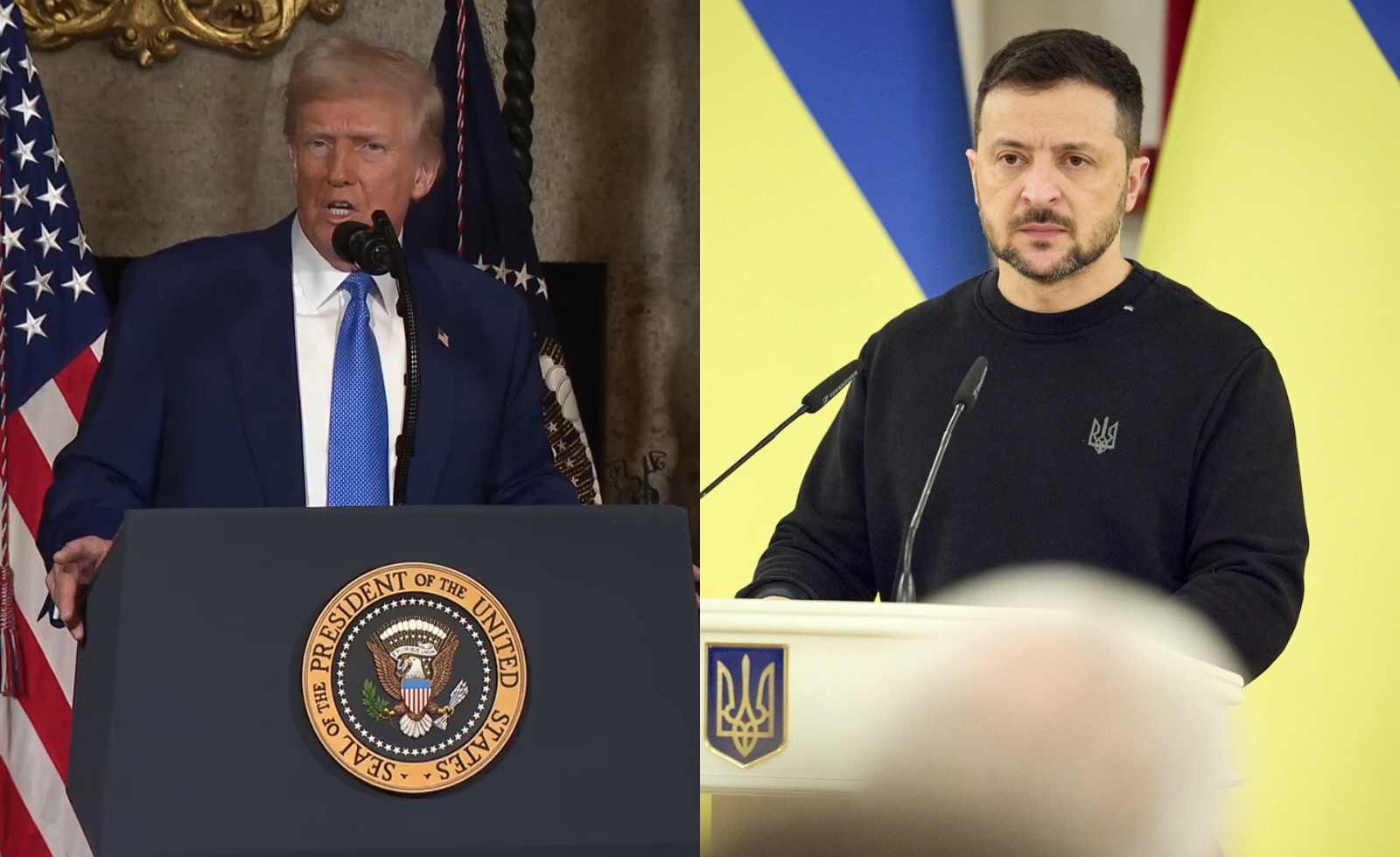 川普近日突將砲口對準烏克蘭，澤倫斯基反擊稱川普活在俄羅斯的假訊息裡。（翻攝自白宮、澤倫斯基臉書）