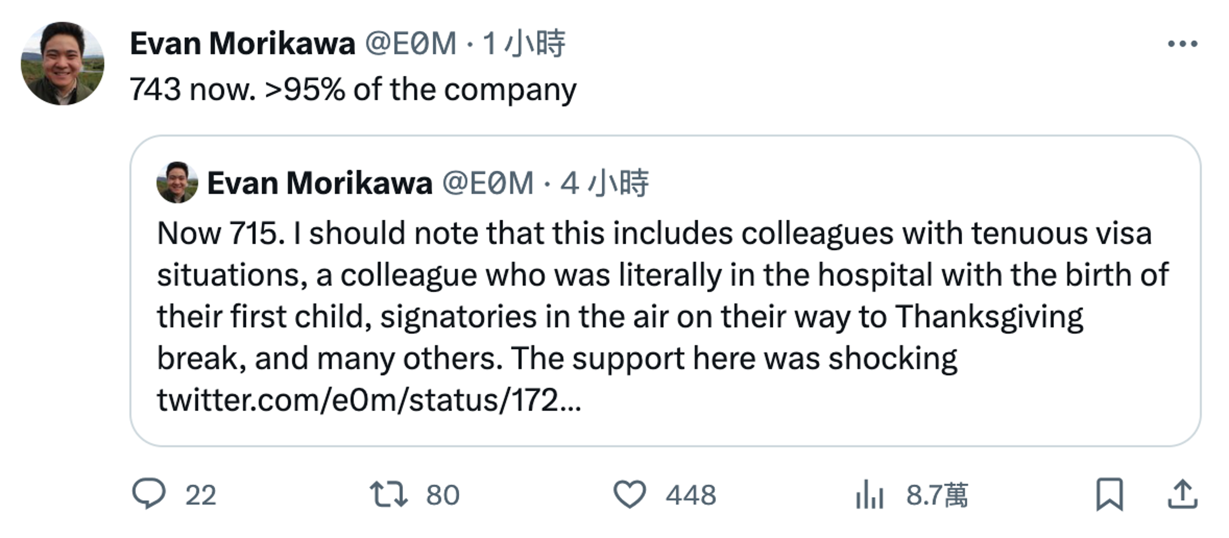 OpenAI經理莫利卡瓦透露連署信簽署人數達743人。(翻攝自@E0M X)