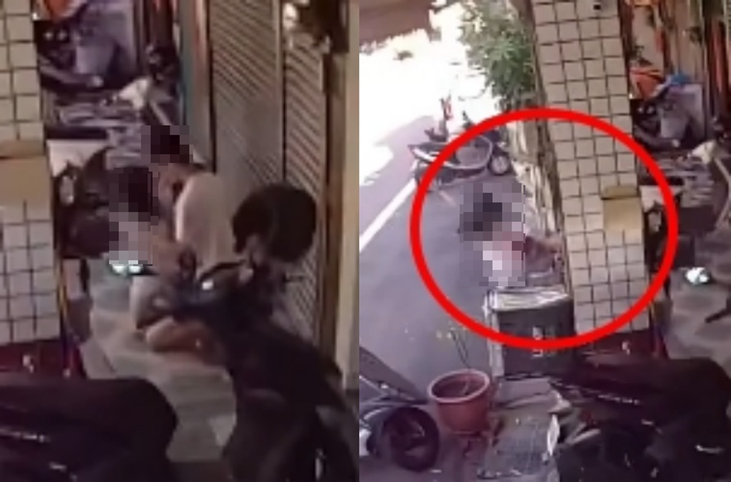 一名12歲女童在光天化日下被一名少年當街侵犯，女童試圖跑向馬路招手求救（紅圈處），卻被硬生生拉回。（翻攝畫面）