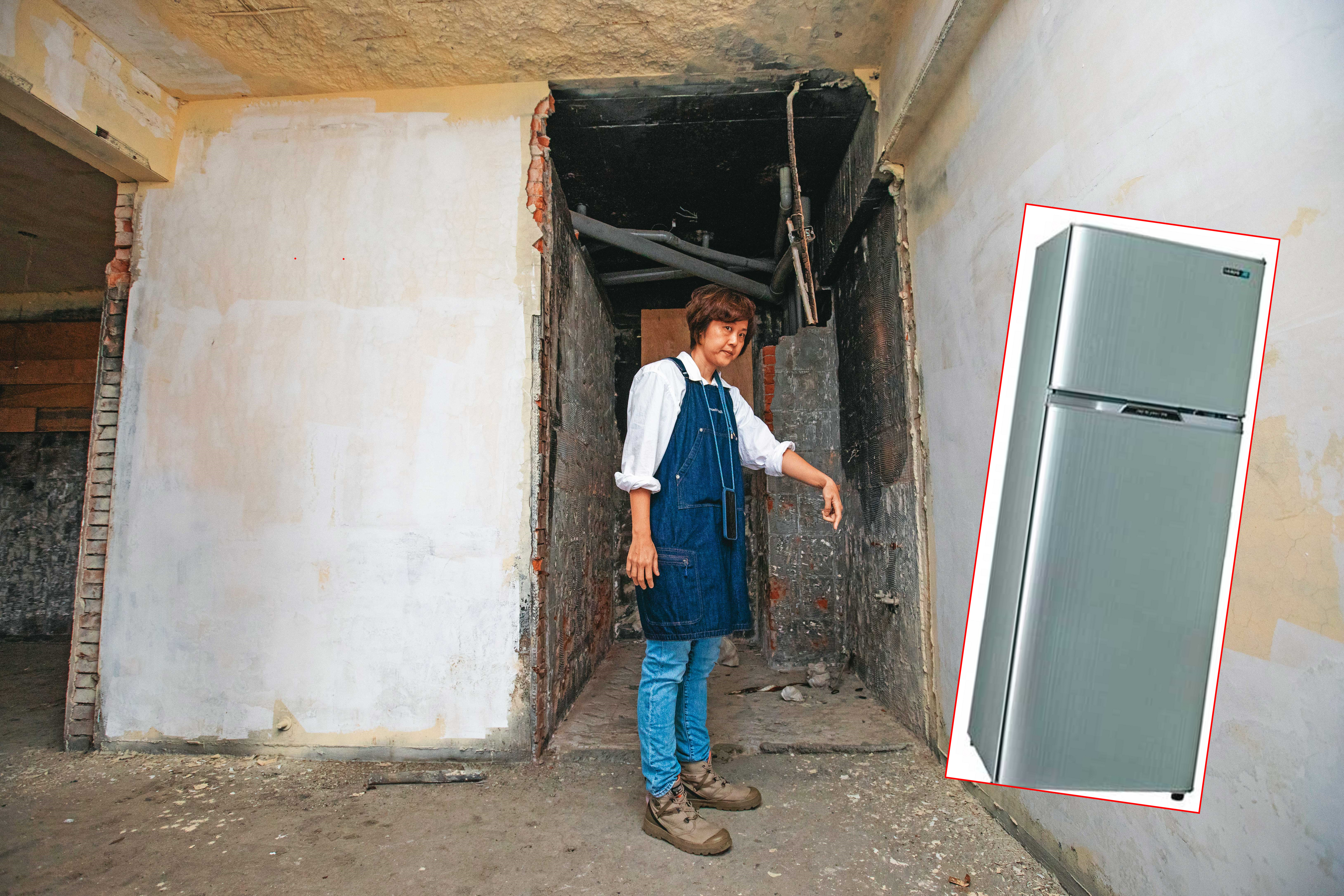 張小姐質疑，聲寶雇工打掉起火點周遭的牆壁，是為了湮滅證據。張小姐購買的同款聲寶冰箱（小圖）僅使用5年，沒想到卻引發火災。（翻攝網路）