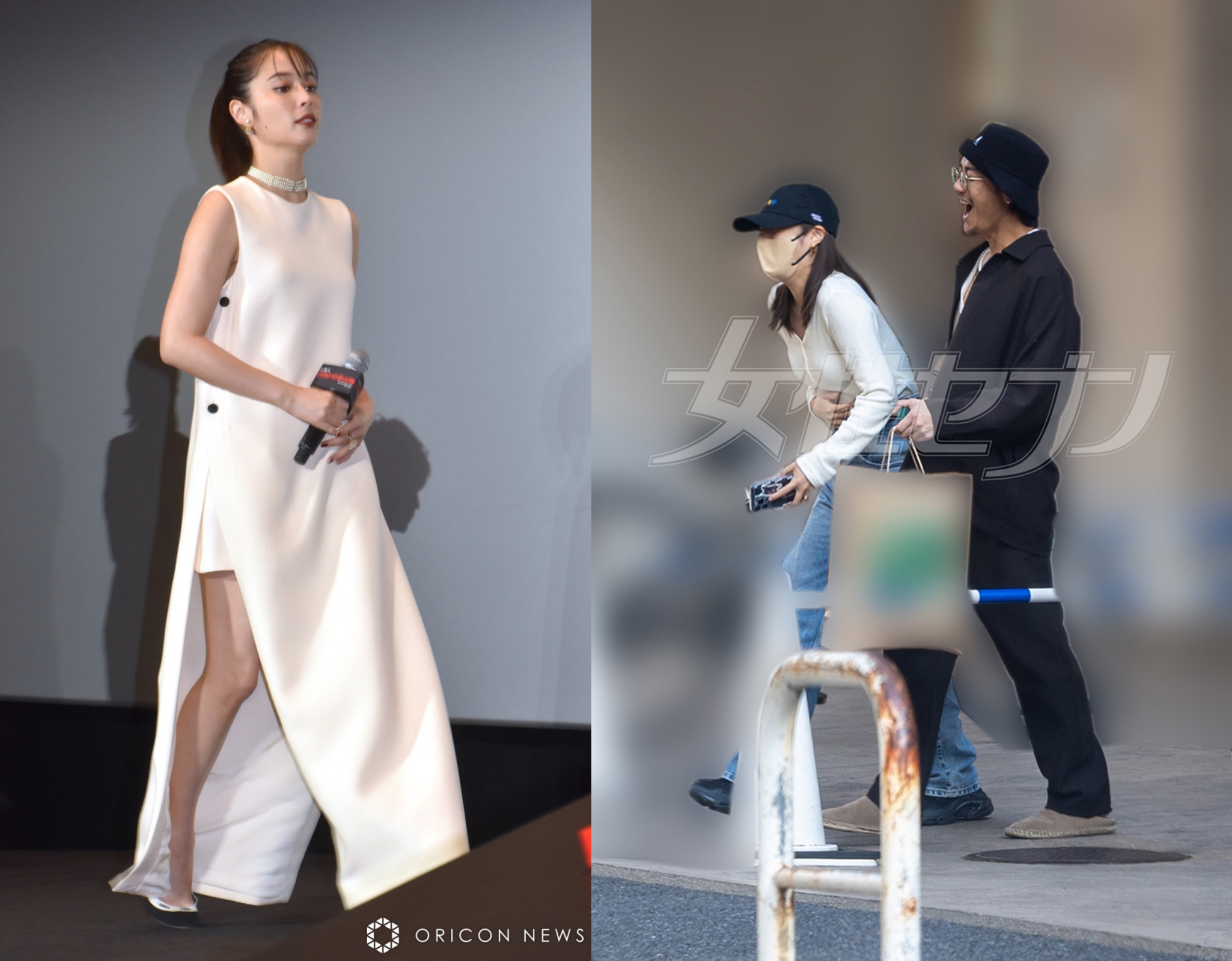 廣瀨愛麗絲最近露腿為電影宣傳；右為她與赤西仁熱戀情的週刊直擊畫面。（翻攝網路）