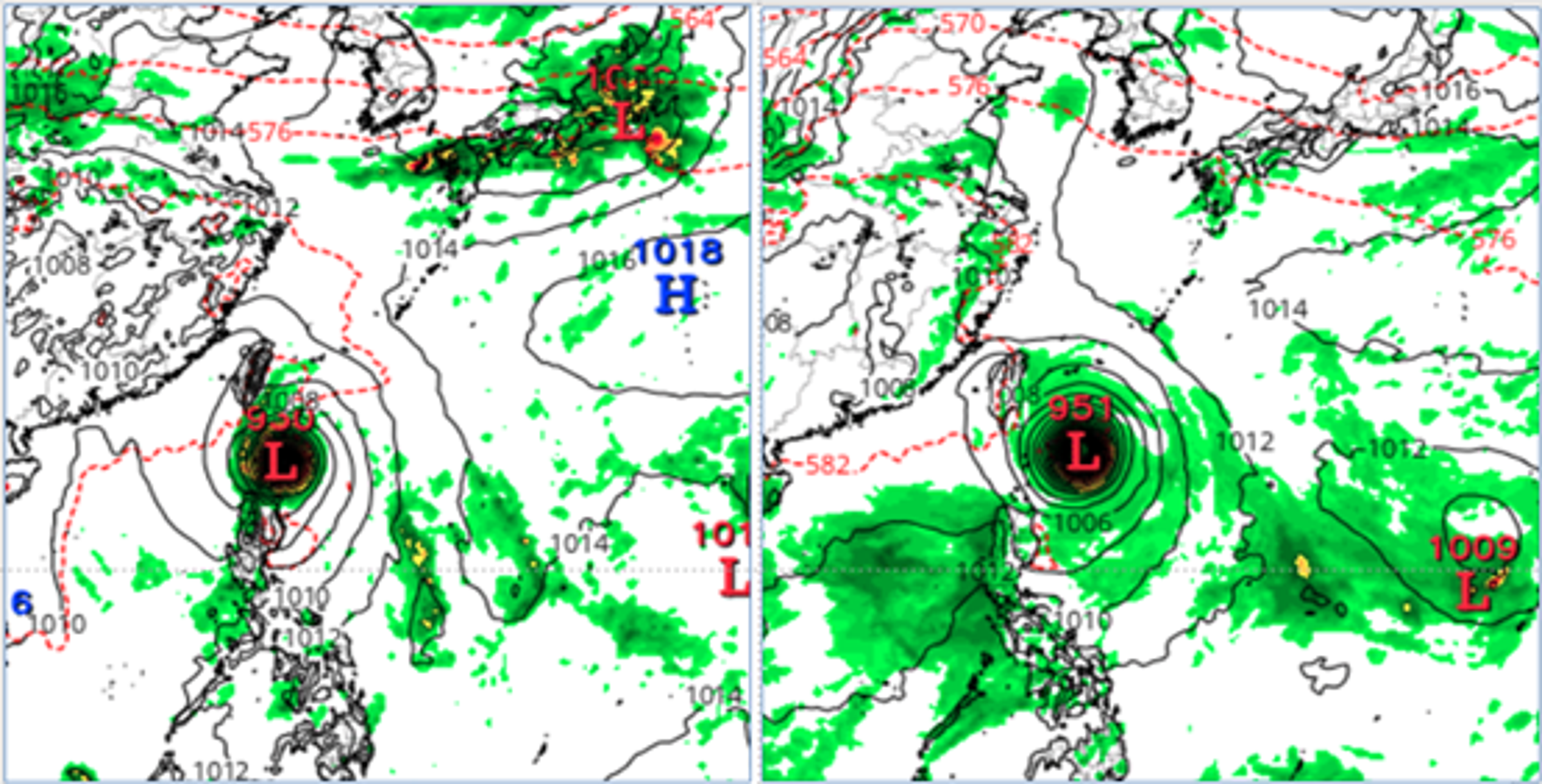 最新模式模擬顯示,歐洲(ECMWF)28日20時模擬熱帶系統已進入巴士海峽(左圖),美國(GFS)29日20時模擬才將進入巴士海峽(右圖),強度及動向皆有顯著差異,尚待持續觀察。(翻攝自氣象應用推廣基金會/圖擷自tropical tidbits)