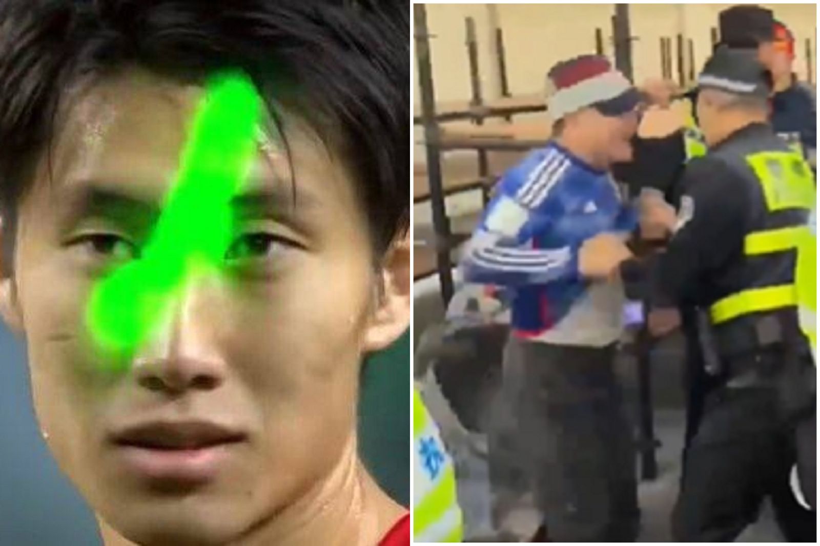 中國戰足球「抗日」大暴走!不只硬脫日本粉絲球衣,用雷射筆照球員、噓國歌。(翻自X平台)