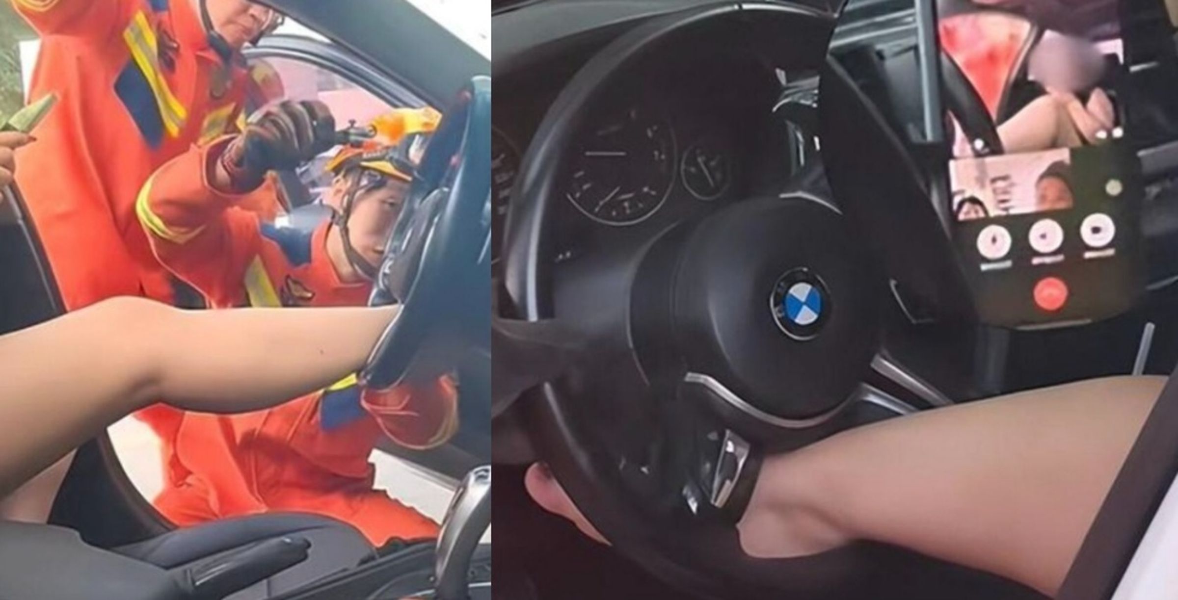 一名女子因故不慎將腳卡入汽車方向盤縫隙中,自行塗抹整罐乳液嘗試自救2小時無果後,被迫撥打119向消防隊求助。(翻攝自揚子晚報)