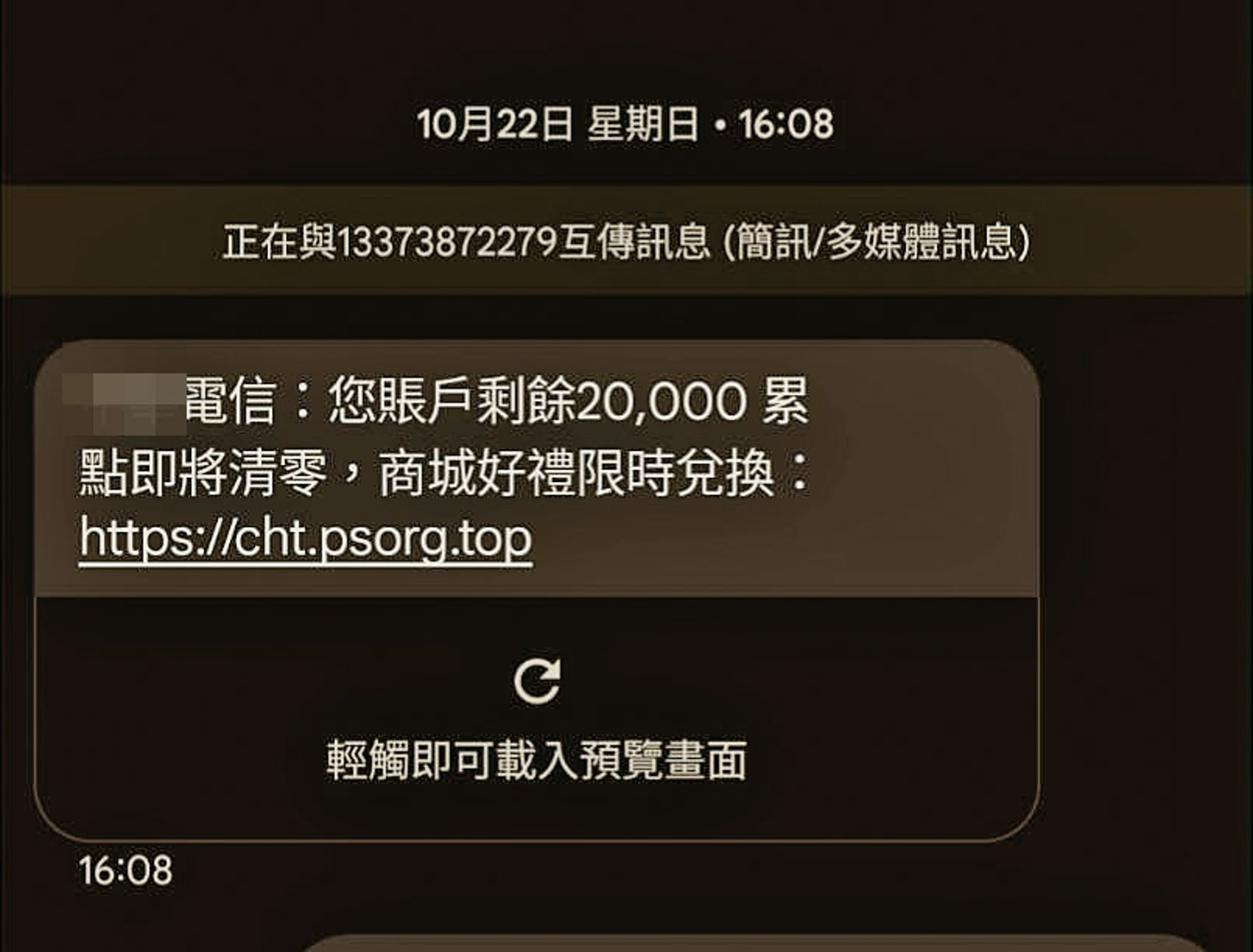 詐騙集團以簡訊通知電信累積點數將清零，可限時折價購買商品，民眾輸入信用卡卡號後即遭盜刷。（翻攝畫面）