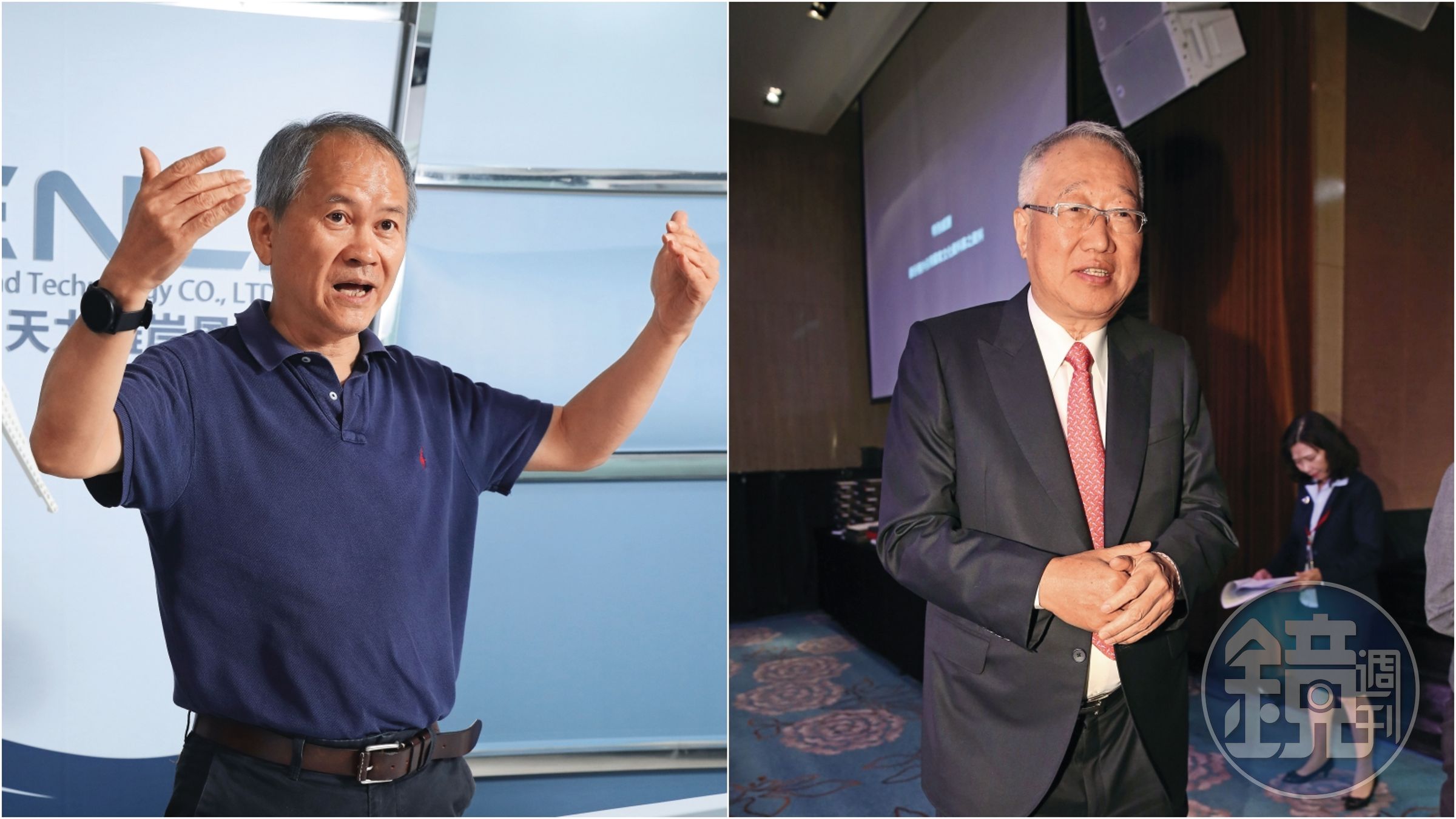 丹麥風機大廠維特斯暫停新案場開發，讓天力董事長吳坤達（左圖）不得不裁員轉型；因子公司承攬離岸風電工程認列損失破百億元，連正崴集團董事長郭台強（右圖）都傷腦筋。