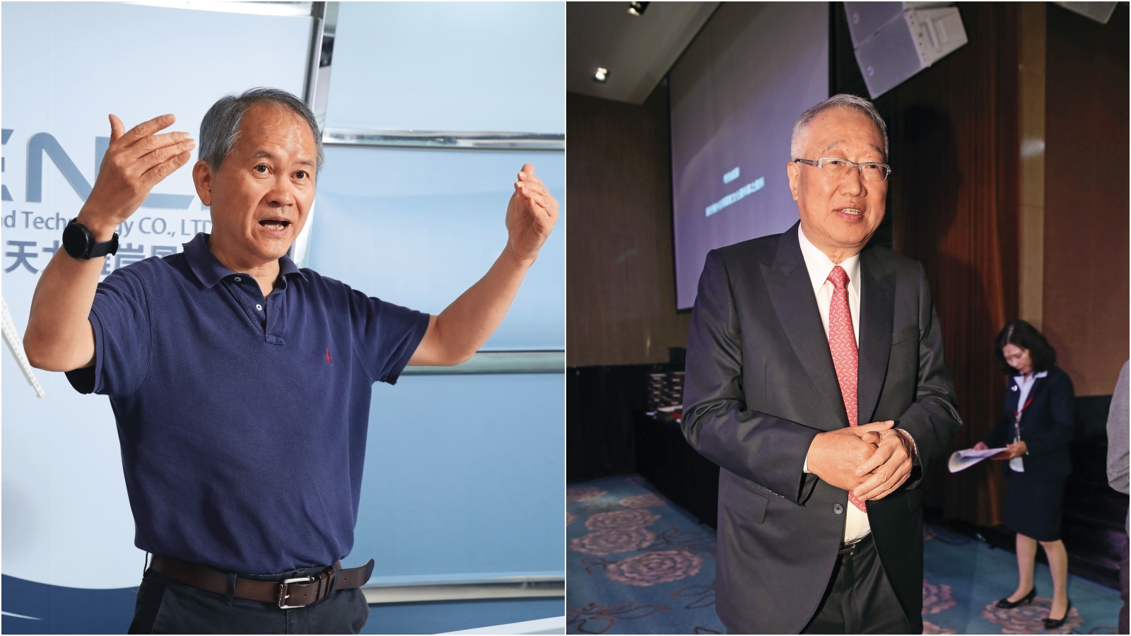 丹麥風機大廠維特斯暫停新案場開發，讓天力董事長吳坤達（左圖）不得不裁員轉型；因子公司承攬離岸風電工程認列損失破百億元，連正崴集團董事長郭台強（右圖）都傷腦筋。