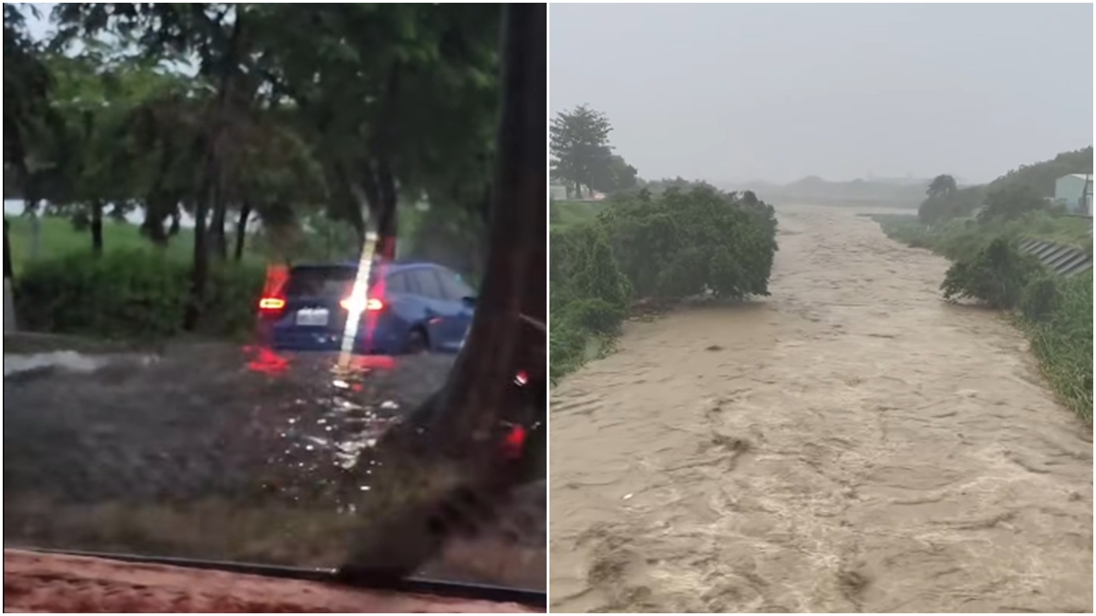 網友紛紛分享台中的慘狀，霧峰往大里（右）水勢高漲，網友抱怨清晨6時許烏日環河路（左）嚴重積水無法行走。（翻攝自臉書@爆料公社）