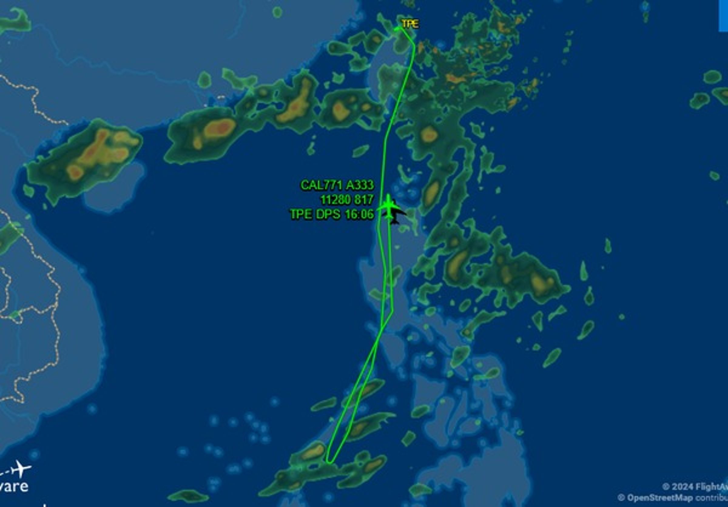 華航CI771台北飛往印尼峇里島班機,途中出現訊號異常。(翻攝FlightAware)