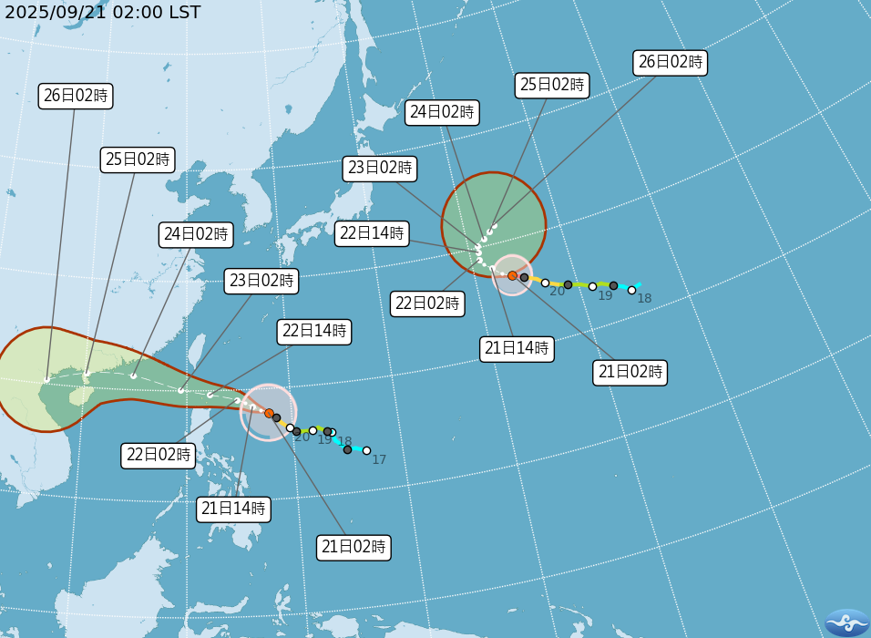 強颱「浣熊」不影響台灣，樺加沙（左）則有可能今升格強颱。（氣象署提供）