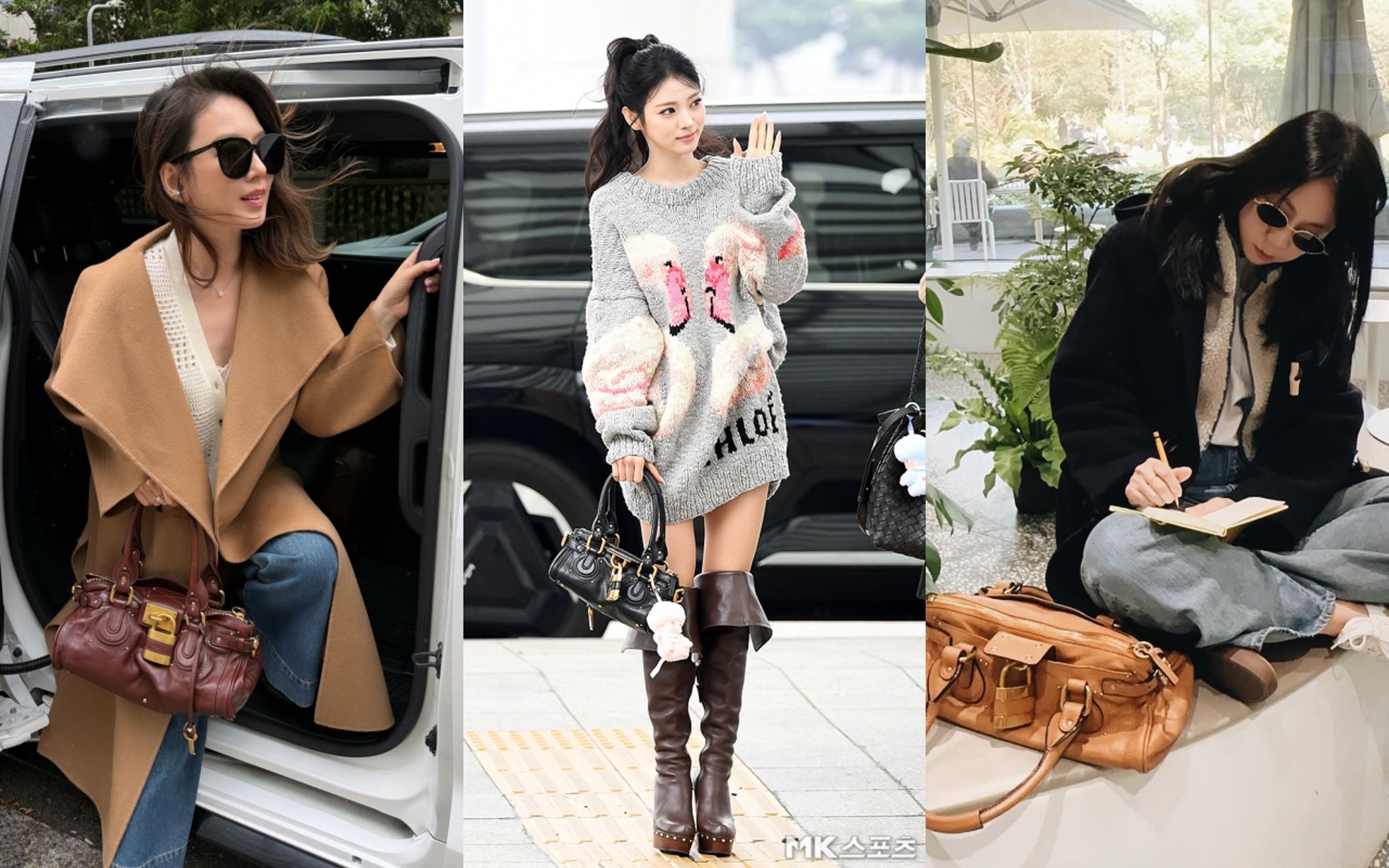 (左起)Melody、MEOVV成員Anna、陳綺貞以不同的服裝搭配詮釋Paddington鎖頭包。(合成照片)