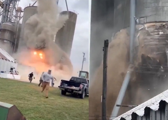 伊利諾州一處穀倉因黃豆堆積過滿爆裂，濃煙與黃豆瞬間四散，所幸無人傷亡。（翻攝自X / non aesthetic things）