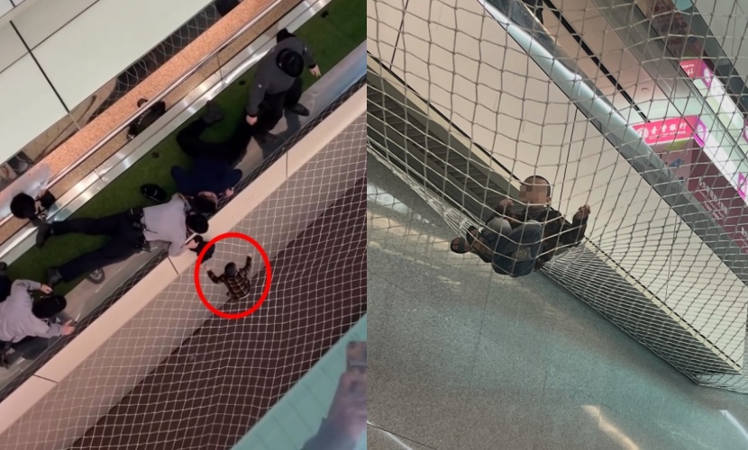 桃園機場第二航廈有幼童自電扶梯翻越圍籬後墜落，防墜網成功攔截避免受傷。（翻攝自threads/kuohaolai、threads/eun_qxq）
