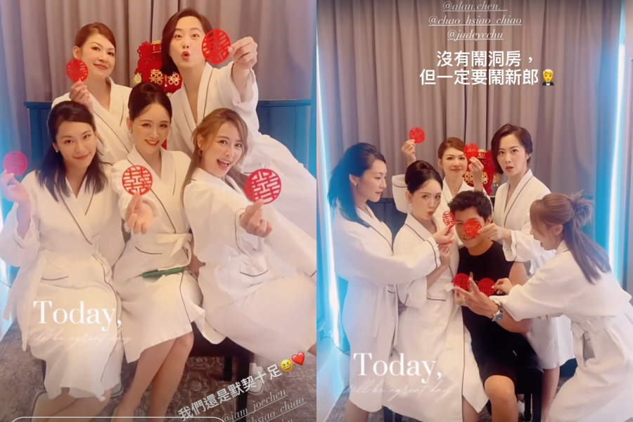 伴娘們穿著浴袍合影，陳喬恩還直接坐在老公Alan身上。（翻攝自@imdoris_1230 IG）