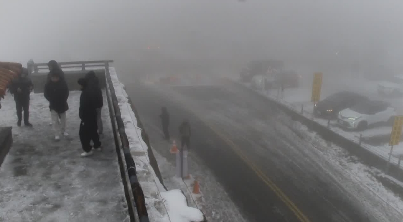 合歡山今日降冰霰，化身銀白世界，讓追雪族嗨翻了；圖為武嶺亭。（翻攝自公路總局即時影像）