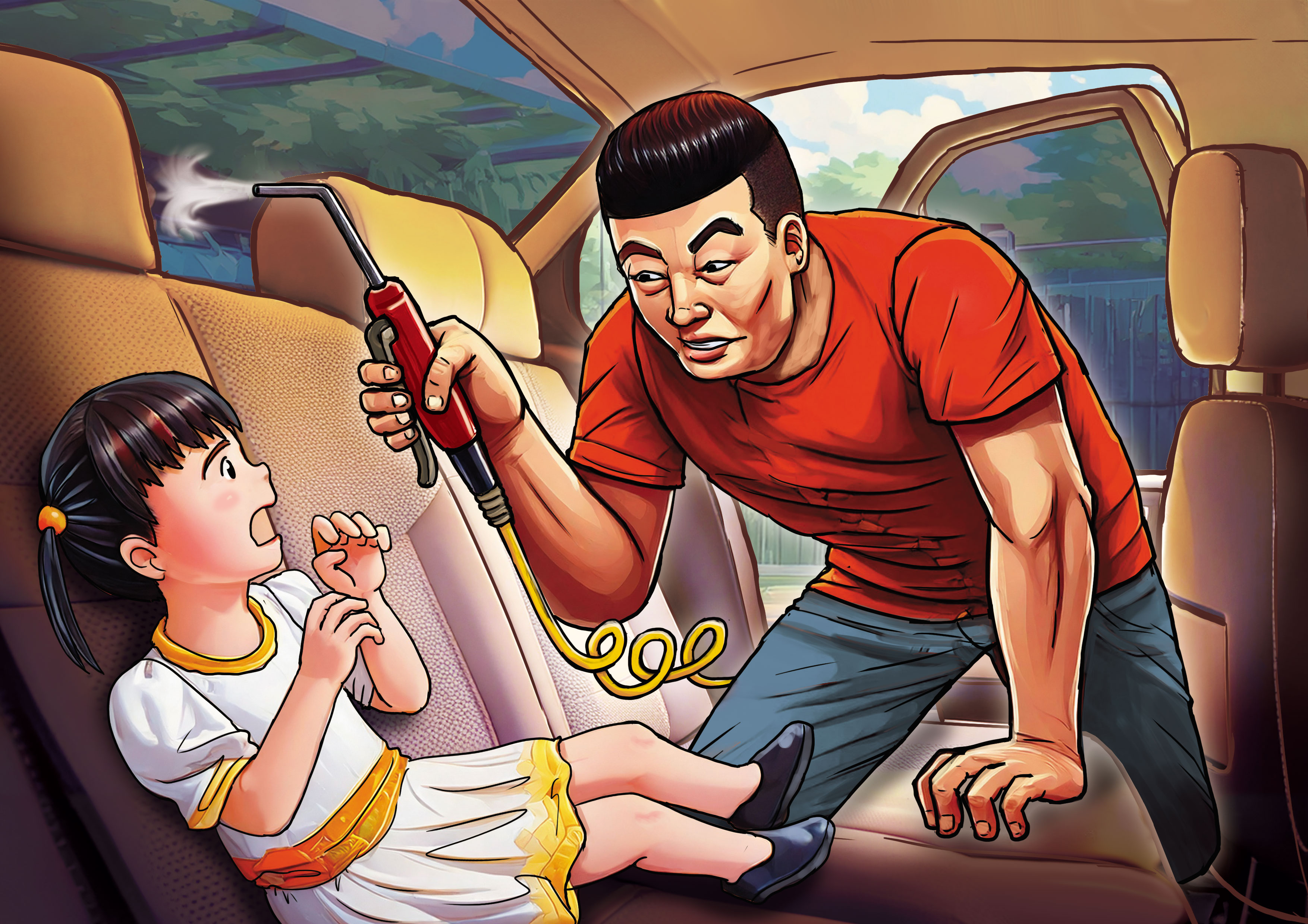 鄺姓男子（右）持噴槍朝女童（左）口中噴入高壓氣體，導致女童身亡。（示意畫面，AI繪圖Firefly生成，本刊美術組後製）