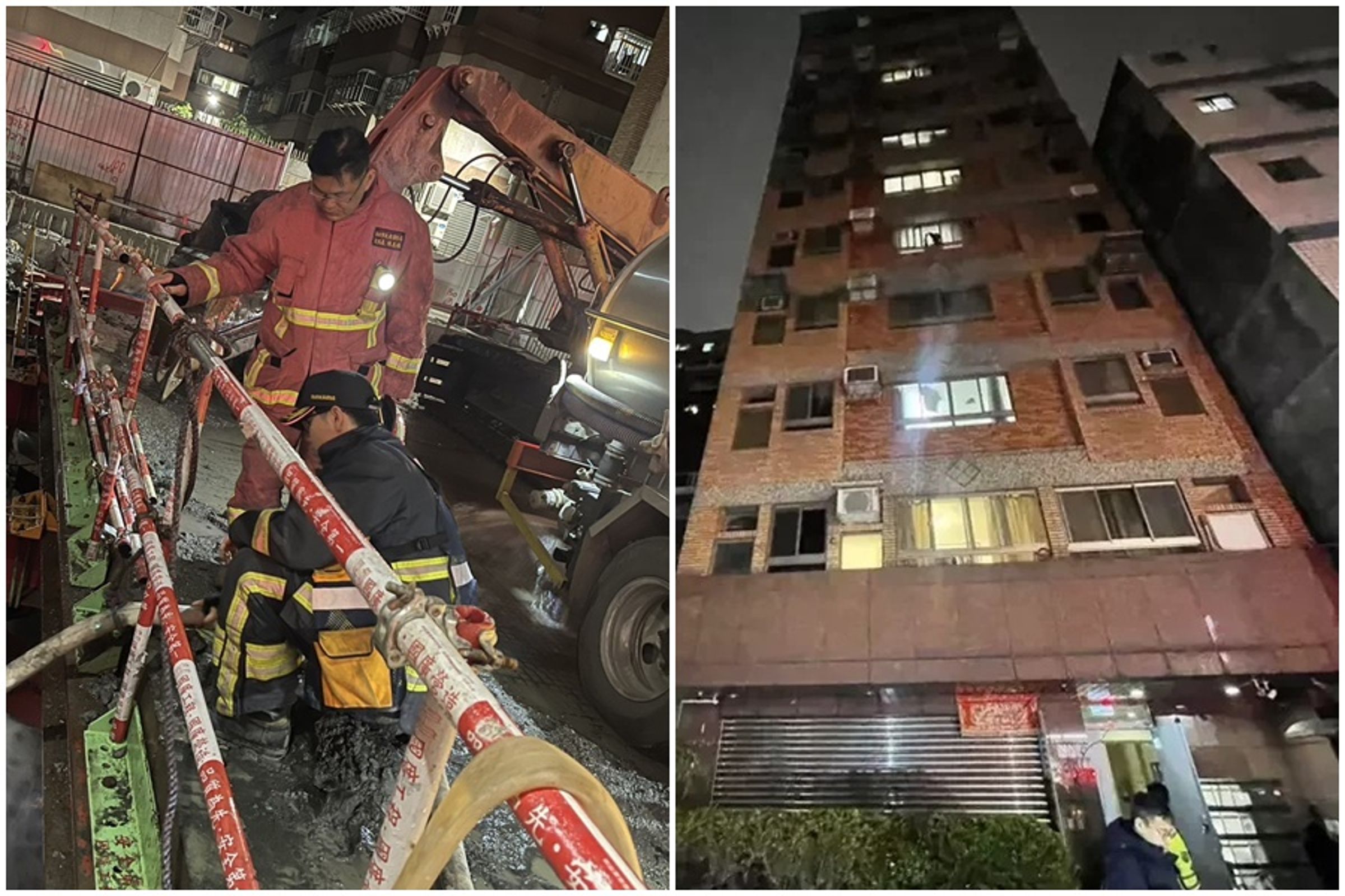 新北市三重區福隆路一處新建大樓工地,下午因地下室連續壁破洞,導致地下水往工地流,造成一旁大樓傾斜。(翻攝畫面)