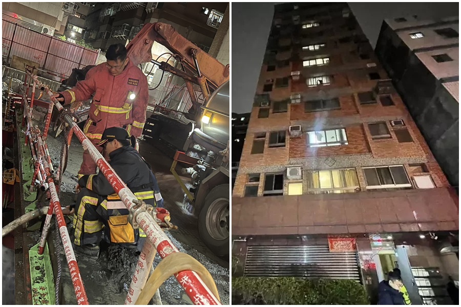 新北市三重區福隆路一處新建大樓工地，下午因地下室連續壁破洞，導致地下水往工地流，造成一旁大樓傾斜。（翻攝畫面）