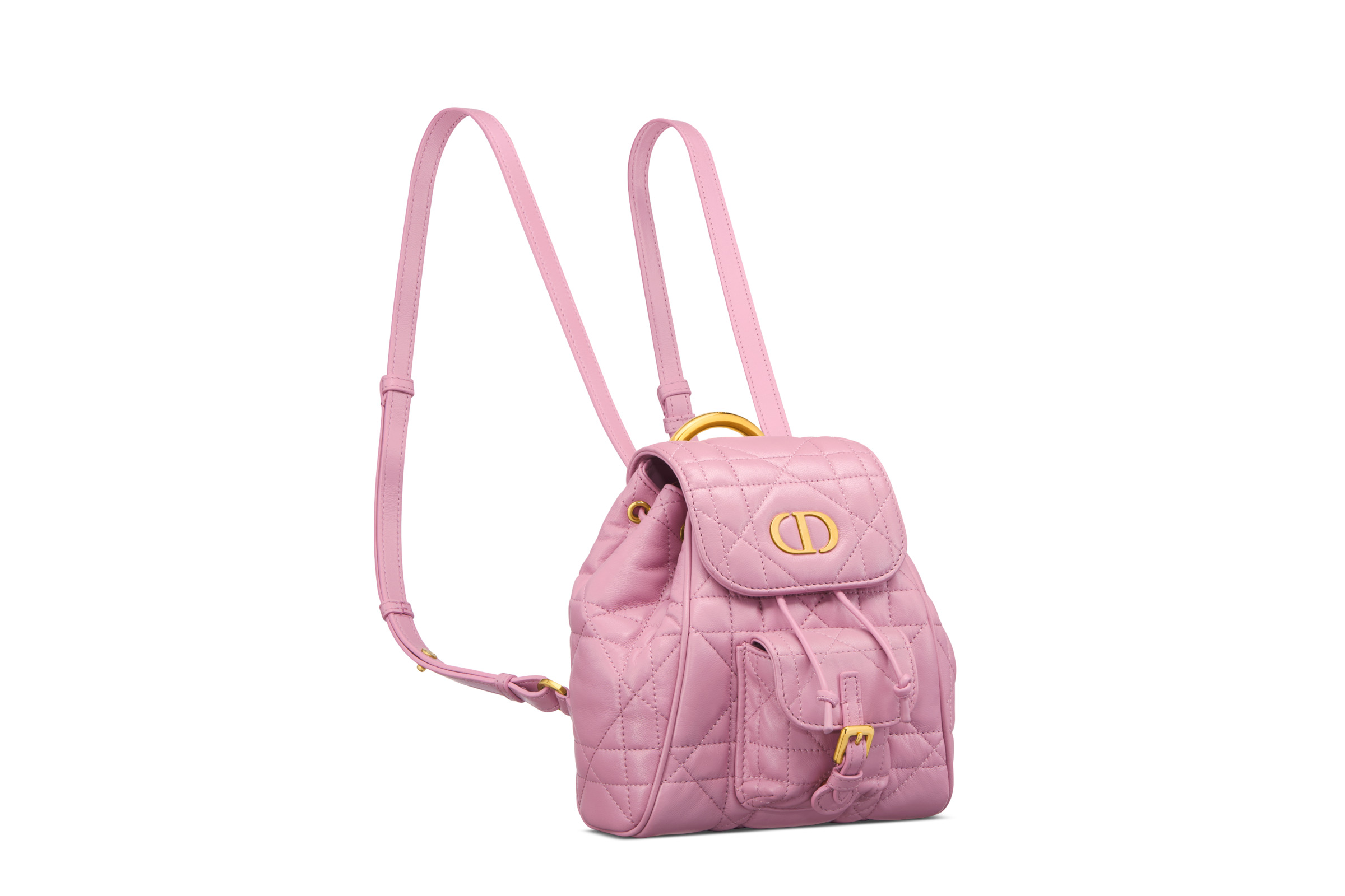 DIOR Caro粉紅色小羊皮大型籐格紋後背包小型款。NT$110,000(迪奧提供)