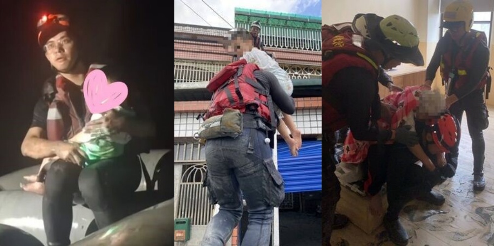 救援人員在淹水街區奮力搜尋受困民眾，其中小男童被消防員抱上橡皮艇，畫面令人動容。（翻攝畫面）