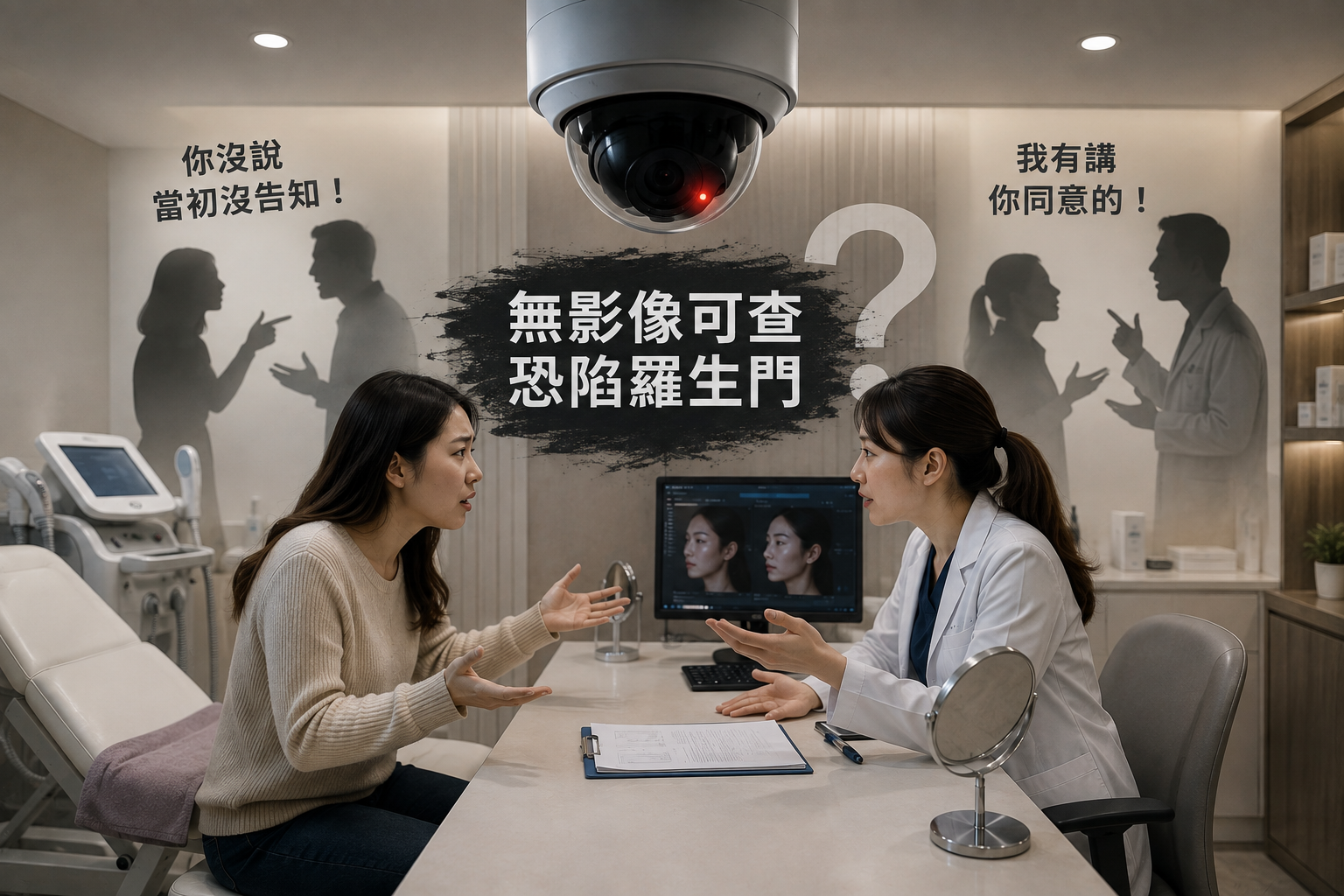 醫美診間監視器掀起存廢爭議,但影像同時具有還原醫療現場、釐清爭議的功能,若缺乏客觀紀錄,醫病雙方一旦各執一詞,恐陷入難以釐清的羅生門。(圖/AI生成)
