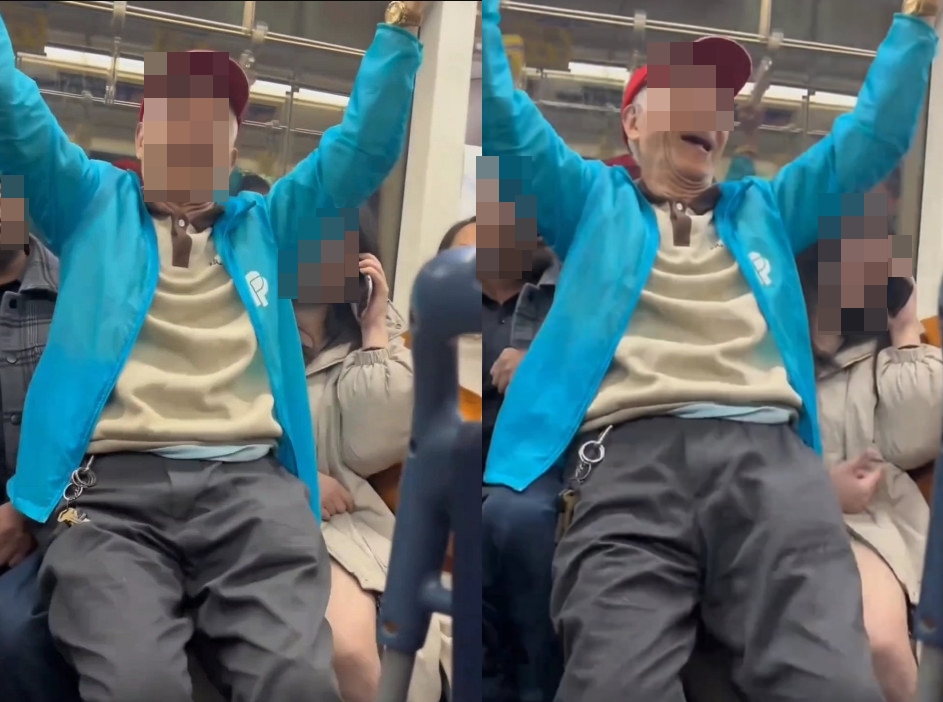 上海一名老翁強坐在女乘客大腿，囂張露出得意笑容。（翻攝微博）