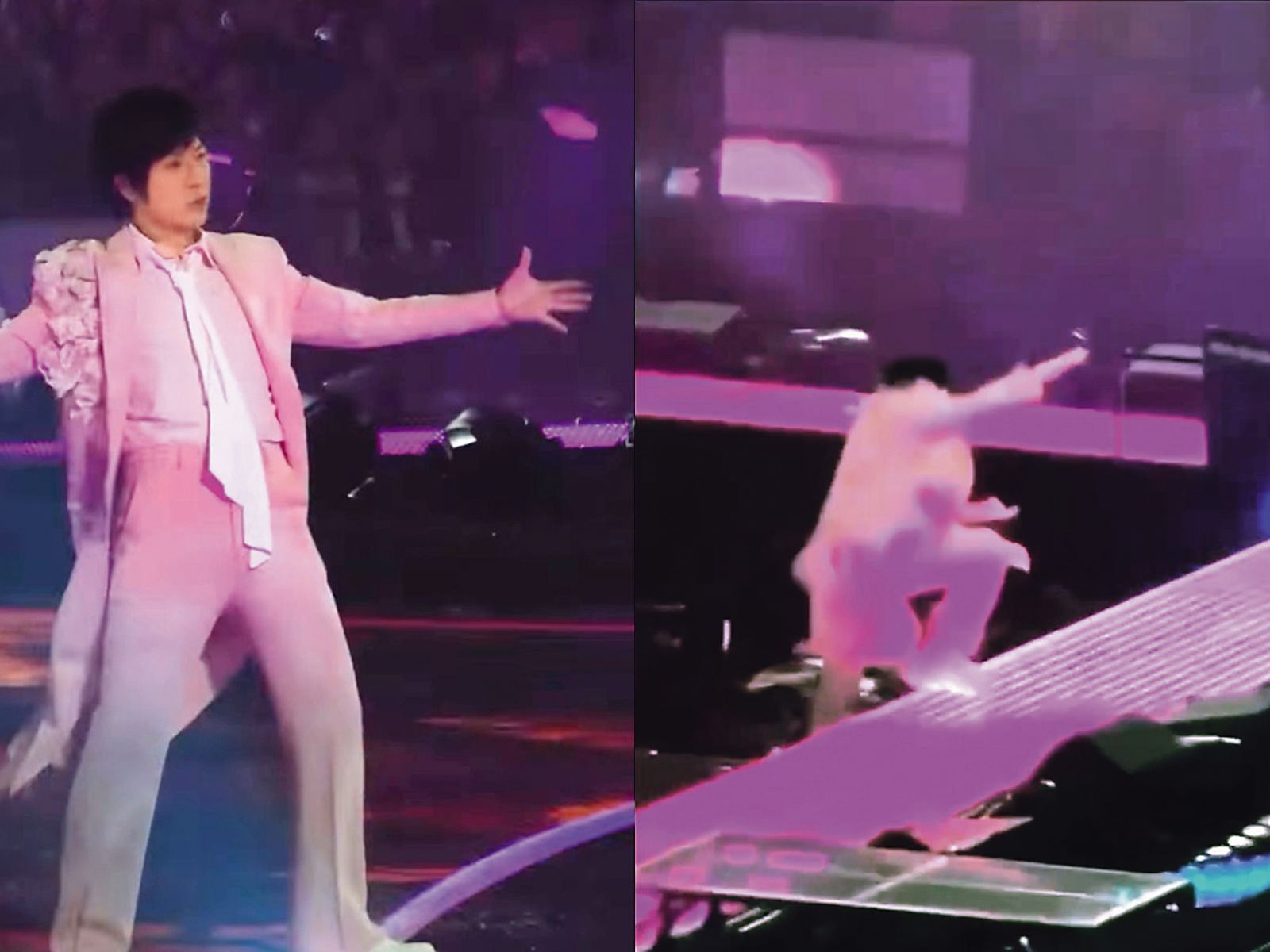 阿信在《F✦FOREVER 恆星之城》上海演唱會不慎跌落舞台（圖），手上還有滲血傷口，嚇壞眾人。 （翻攝自小紅書）